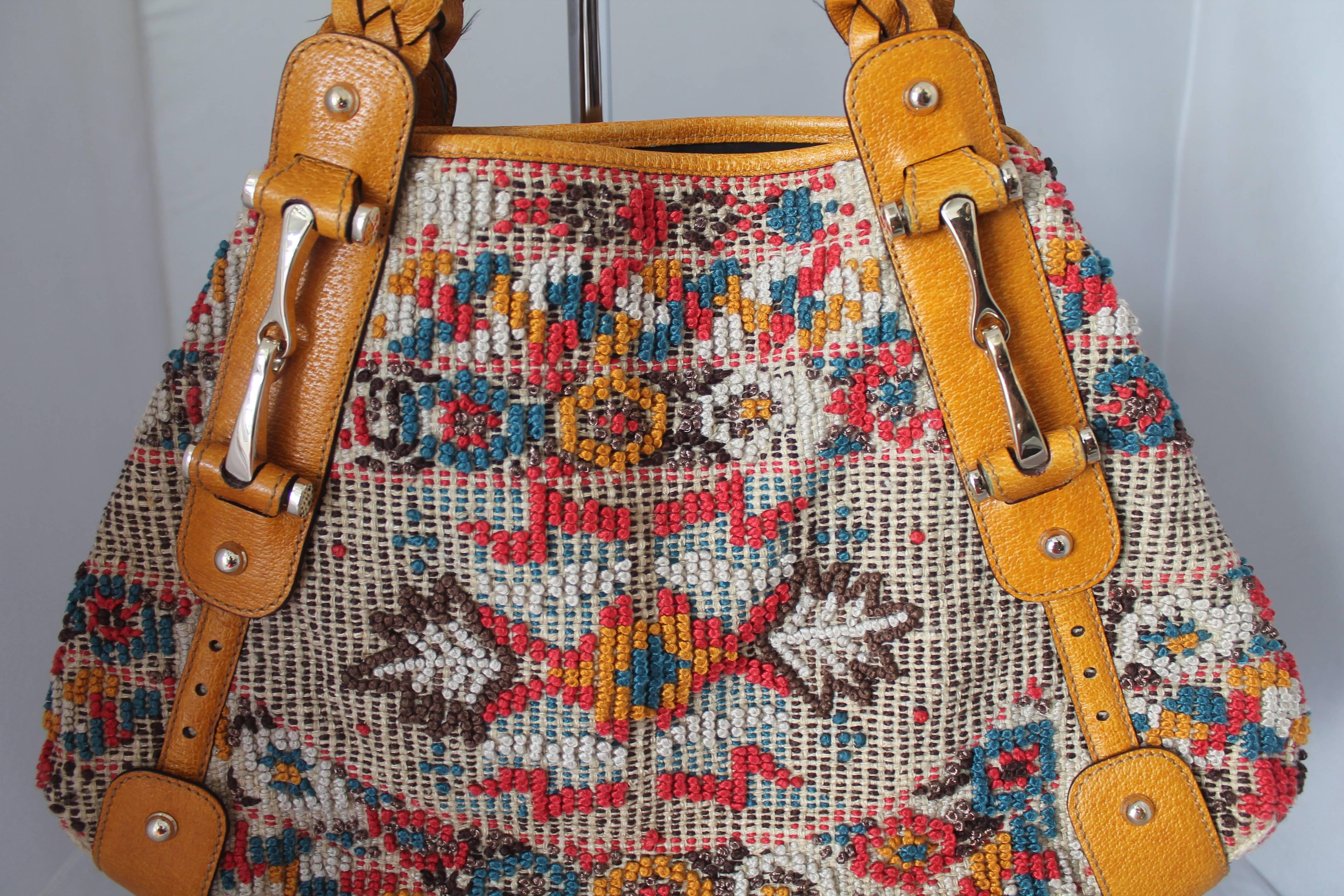 Gucci Multi Color Raised Needle Point Bag with Mustard Leather Trim In Excellent Condition In West Palm Beach, FL