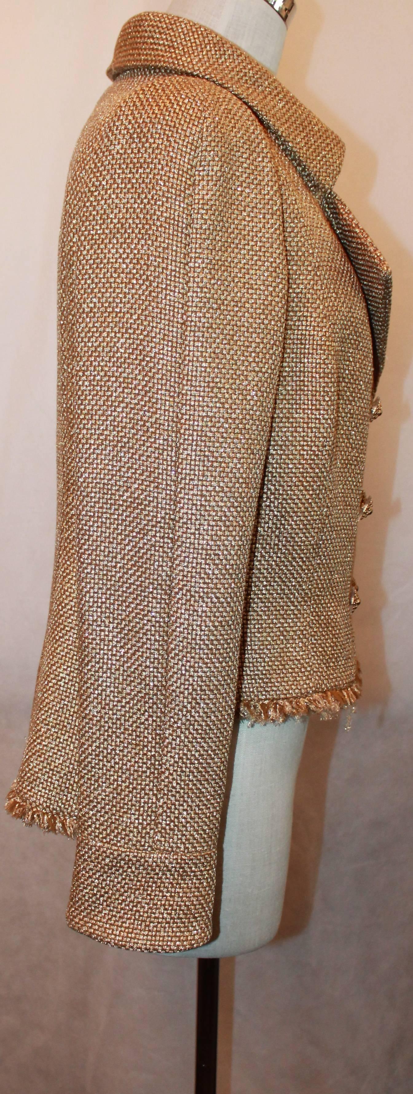 Brown Chanel Metallic Gold Tweed High-Low Jacket w/ Fringe Trim  13C - NWT - 42