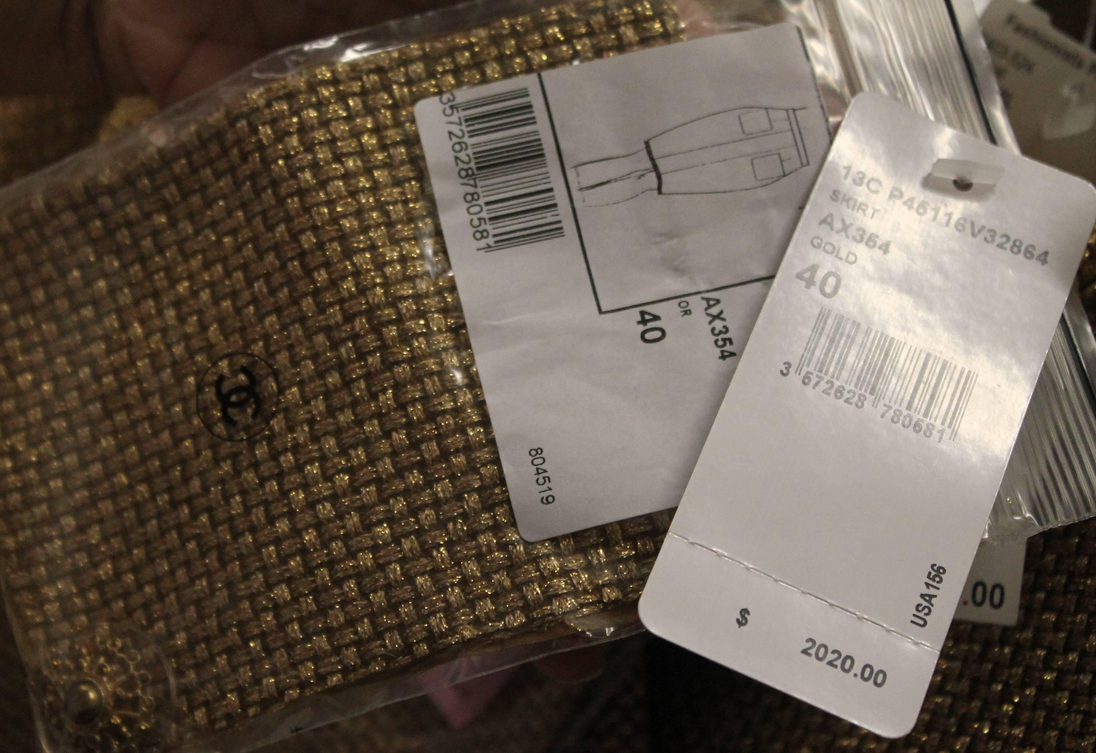 Chanel Metallic Gold Tweed Skirt with Fringe Trim & 2 Pockets  13C- NWT - 40 1