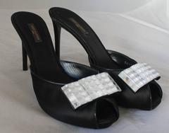 Louis Vuitton Black Satin Peep Toe Slide w/ Mirrored Bow - 40