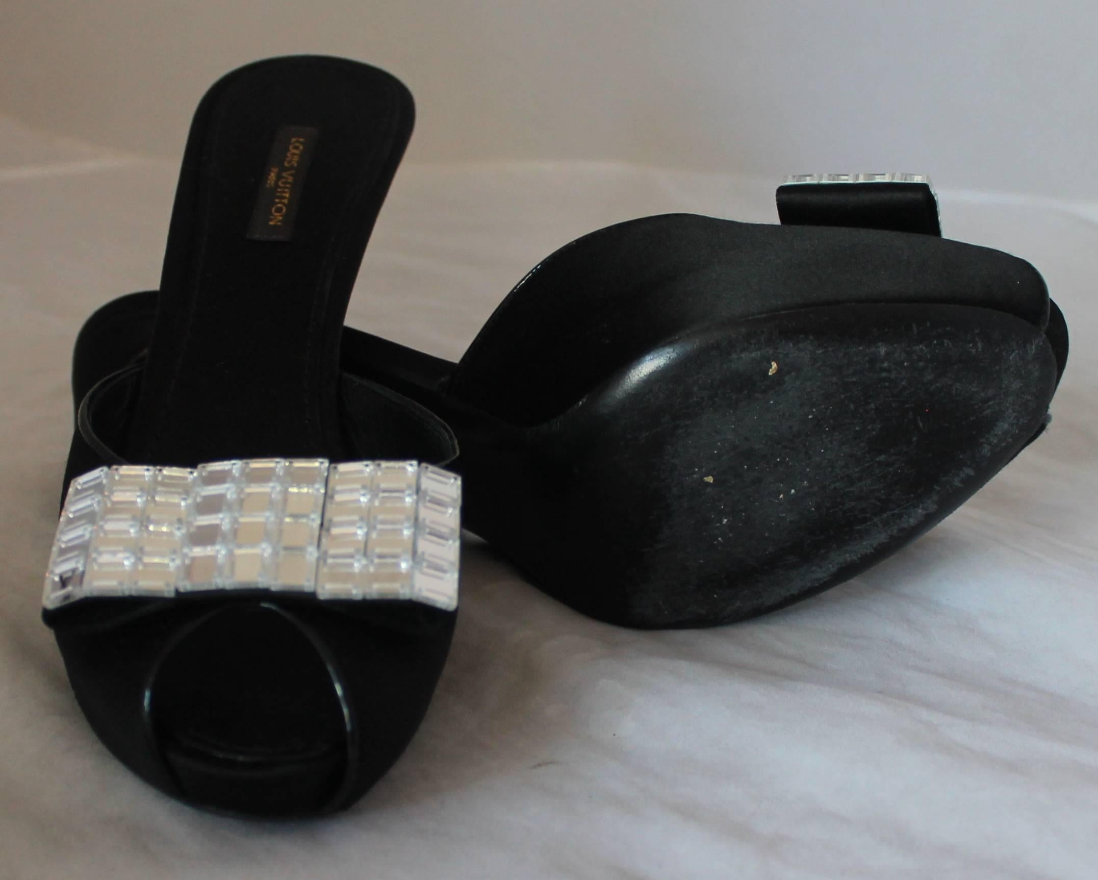 Louis Vuitton Black Satin Peep Toe Slide w/ Mirrored Bow - 40 1