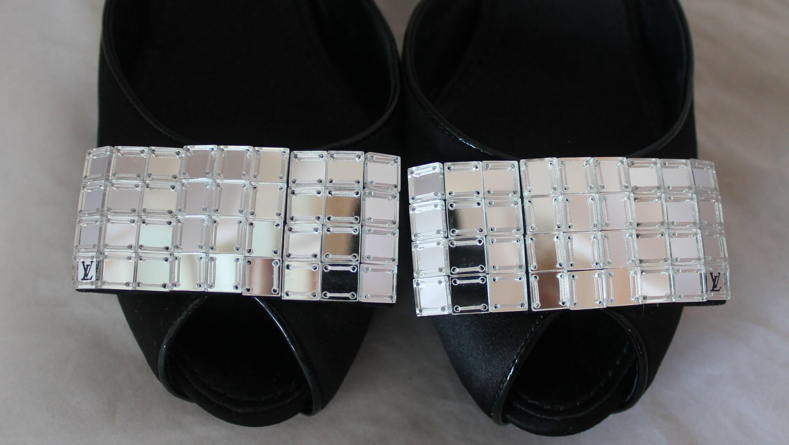 Women's Louis Vuitton Black Satin Peep Toe Slide w/ Mirrored Bow - 40
