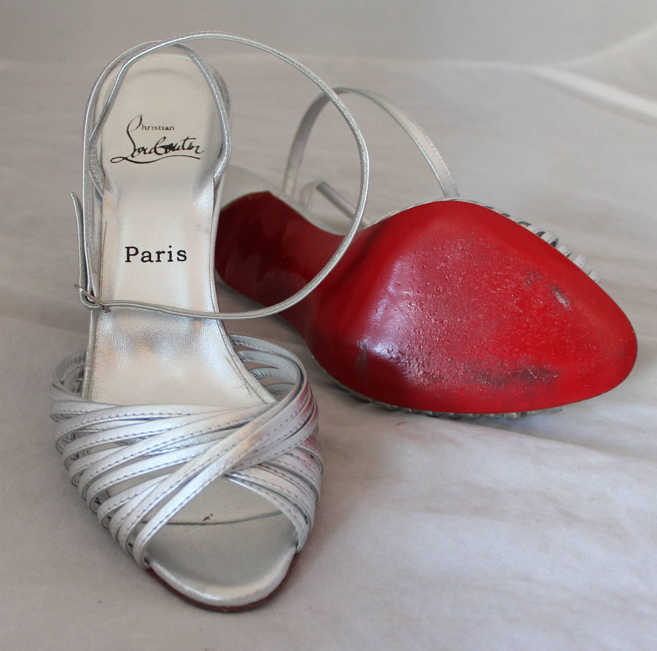 Women's Christian Louboutin Silver Strappy Leather Sandal with Ankle Strap - 39.5