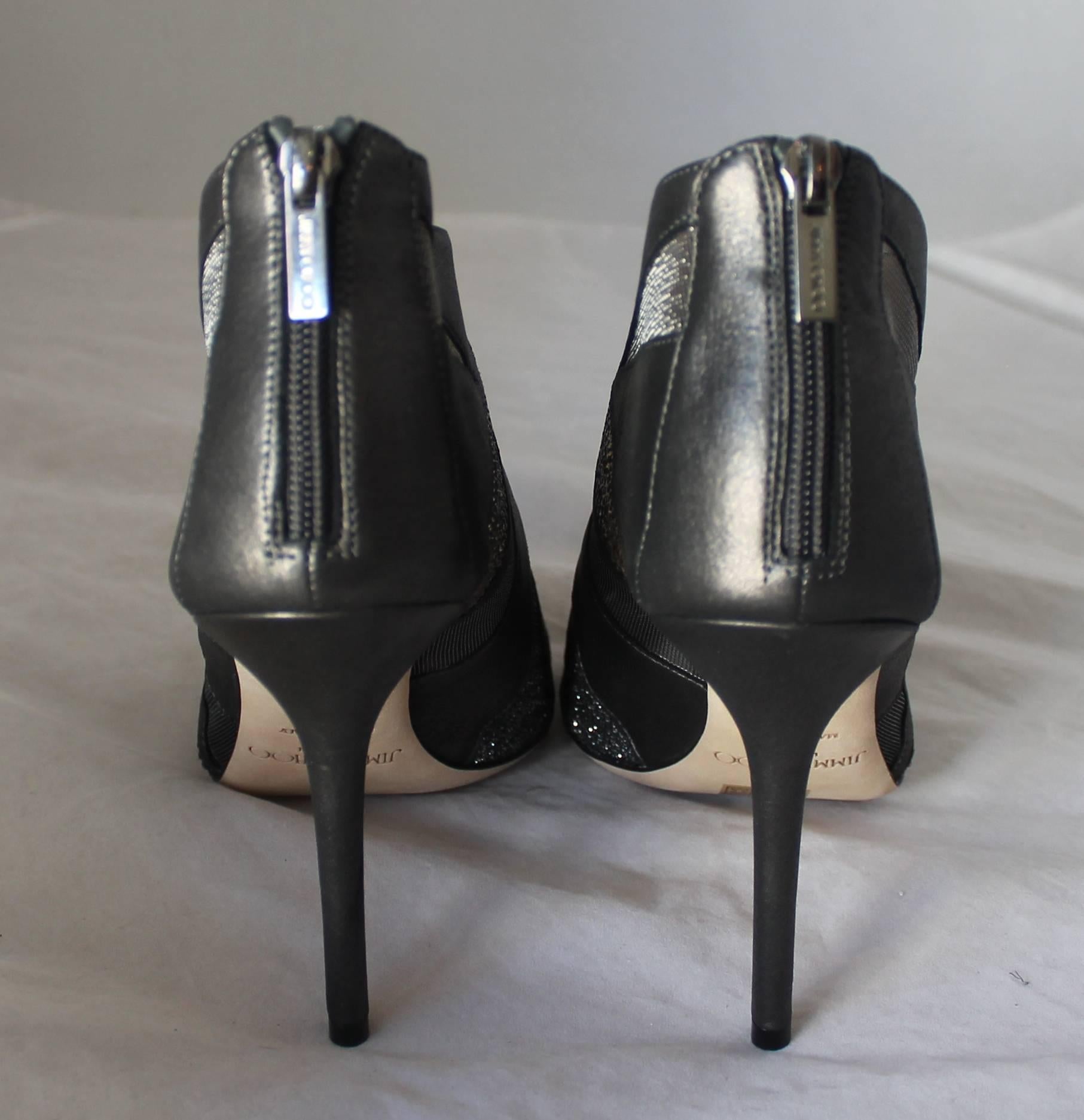 Jimmy Choo Gunmetal Leather & Swarovski Crystal Peep Toe Booties - 40 In New Condition In West Palm Beach, FL