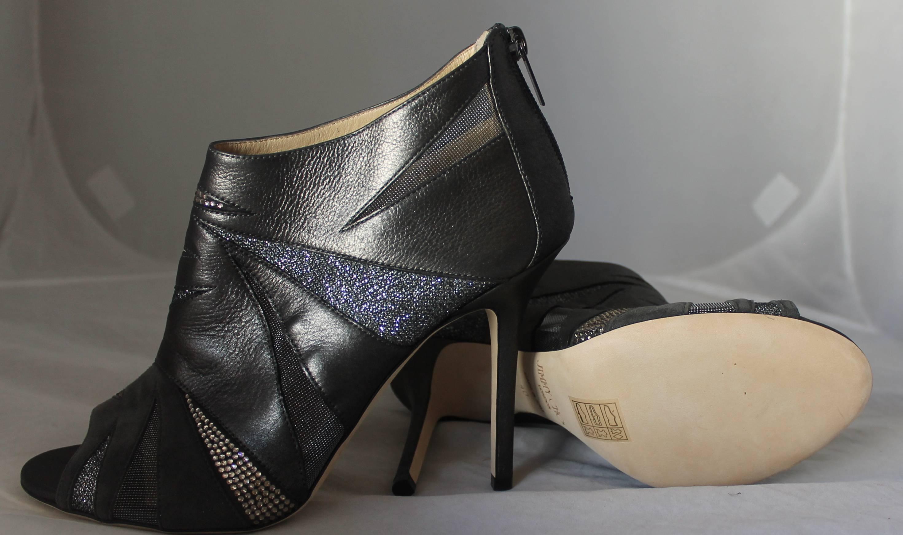 Women's Jimmy Choo Gunmetal Leather & Swarovski Crystal Peep Toe Booties - 40