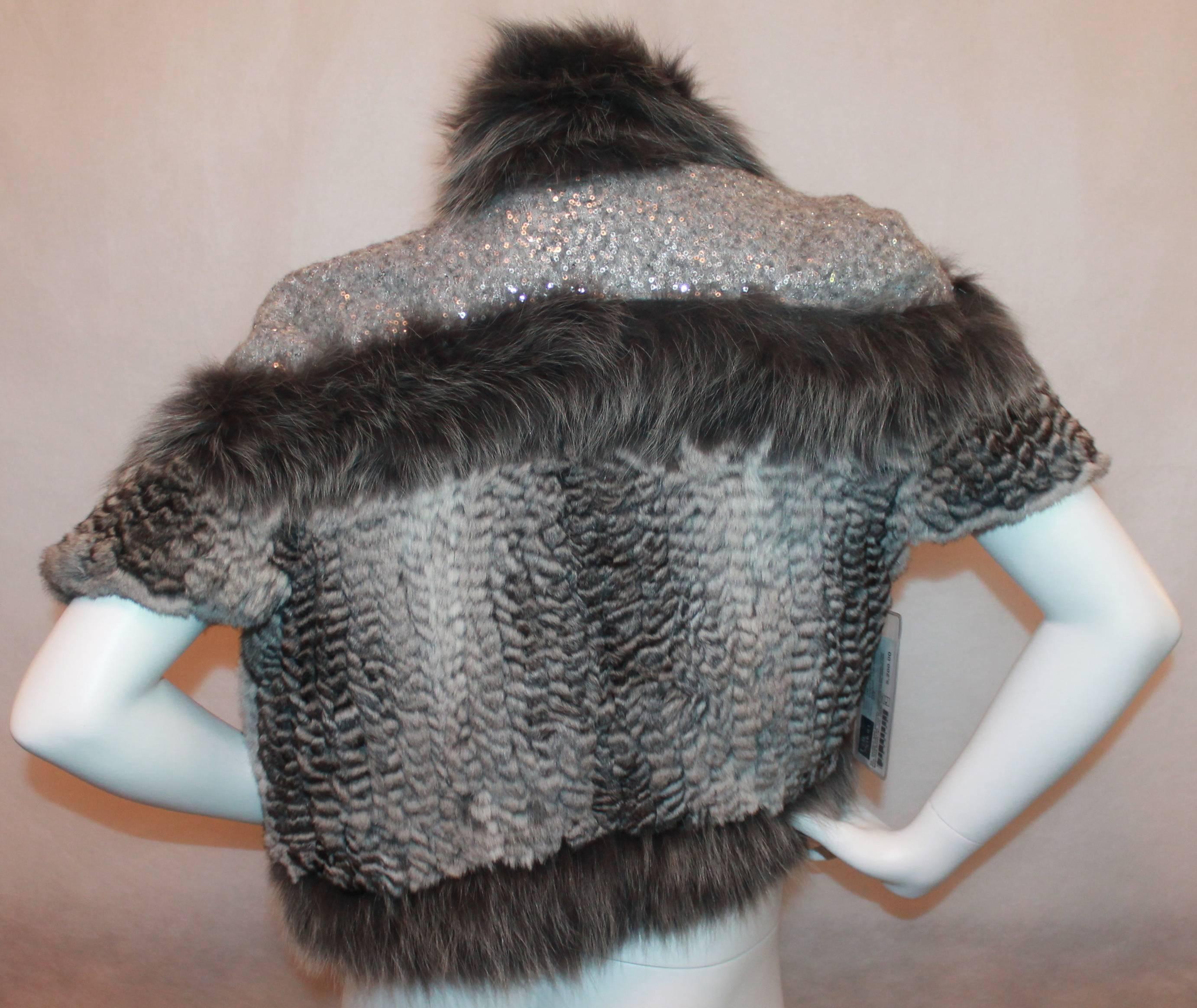 Black Hockley Grey Chinchilla and Fox Knitted Bolero w/ sequin shoulders-Sz 44-NWT