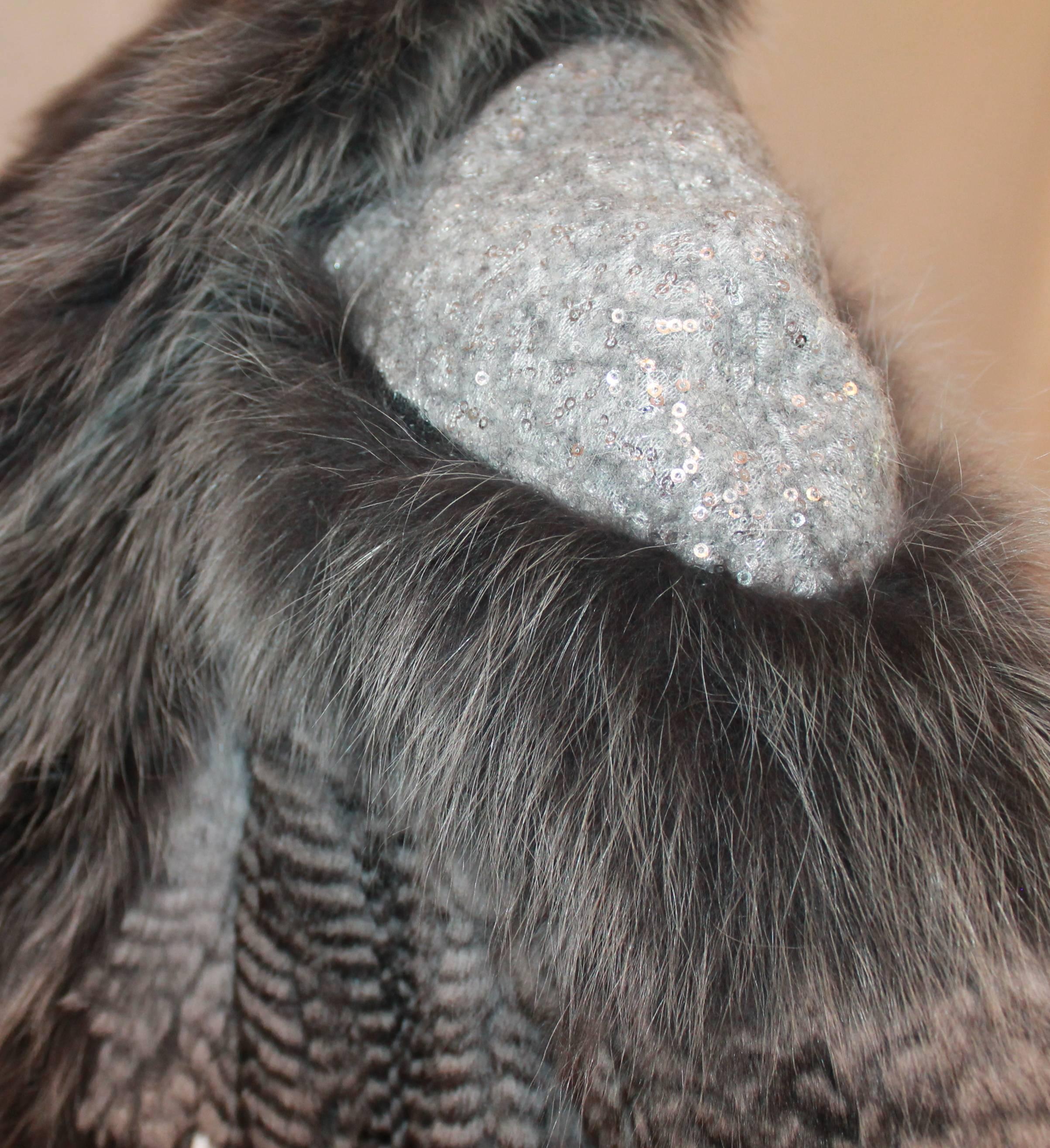 Women's Hockley Grey Chinchilla and Fox Knitted Bolero w/ sequin shoulders-Sz 44-NWT