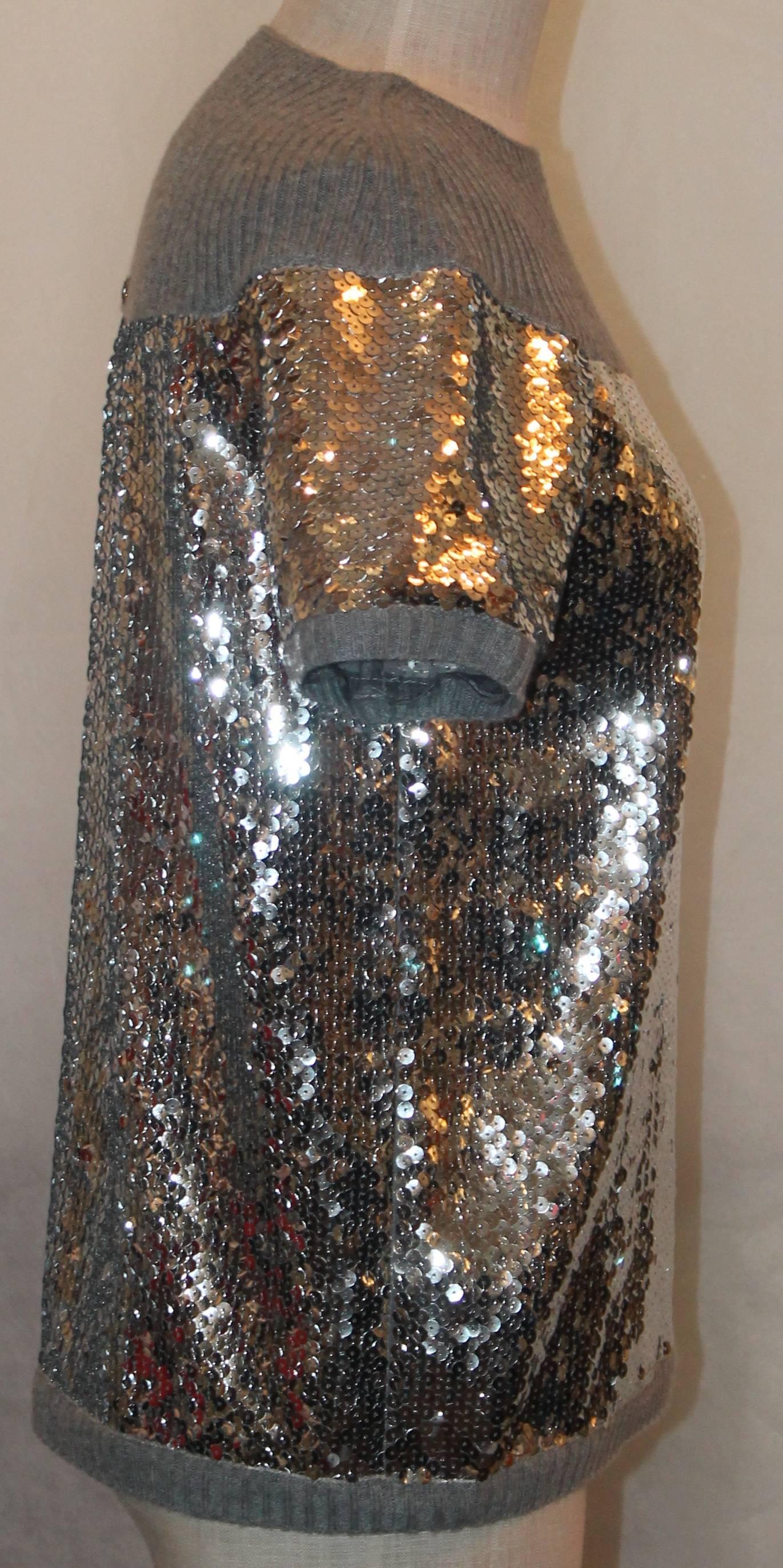 Chanel Grey Cashmere & Silver Sequin Top - 40 In Excellent Condition In West Palm Beach, FL