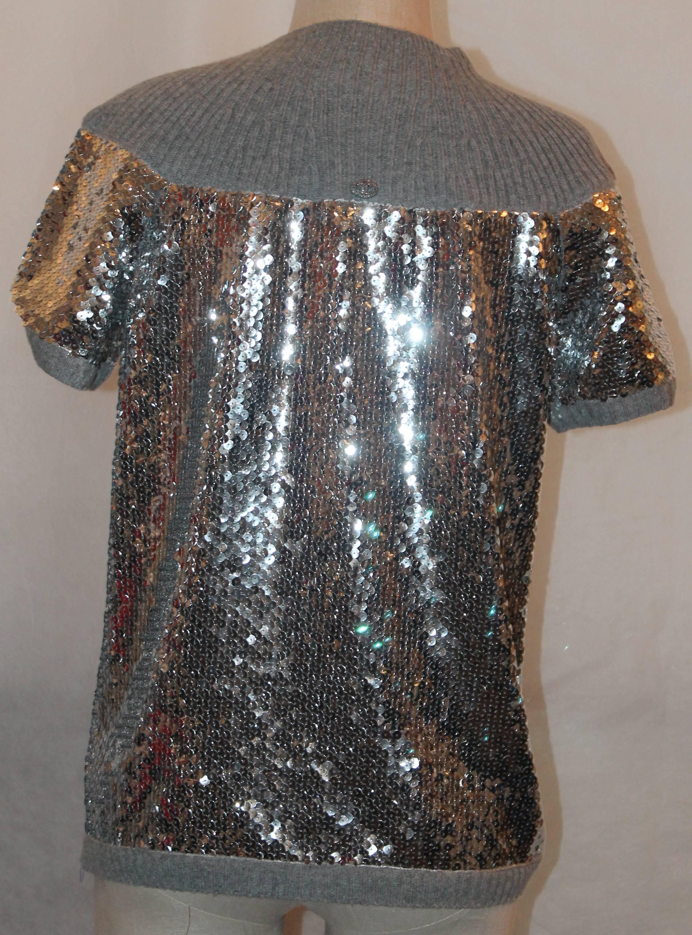Women's Chanel Grey Cashmere & Silver Sequin Top - 40