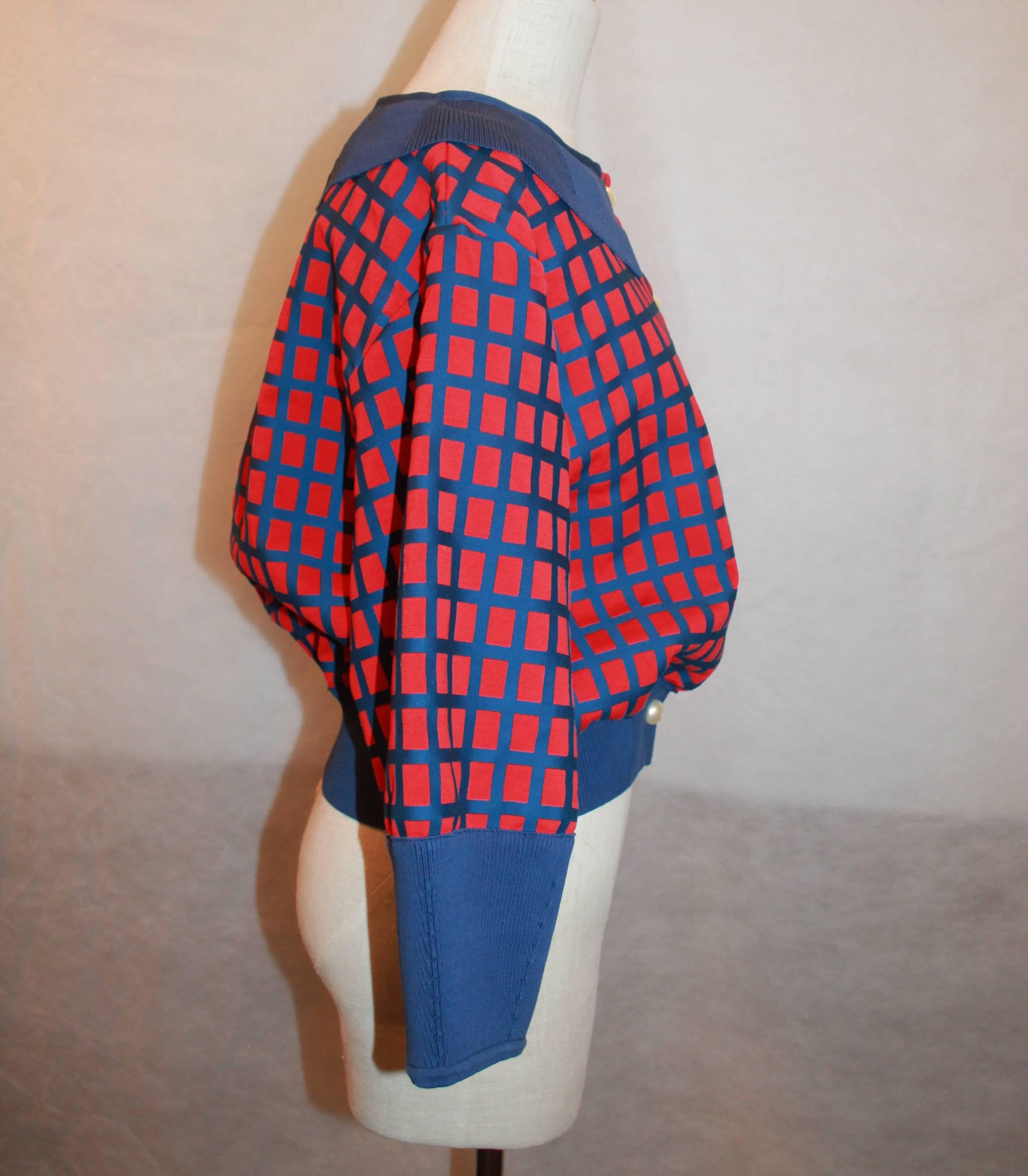 Chanel Red and Blue Windowpane Print Jacket w/ Pearl Buttons - 42 In Excellent Condition In West Palm Beach, FL
