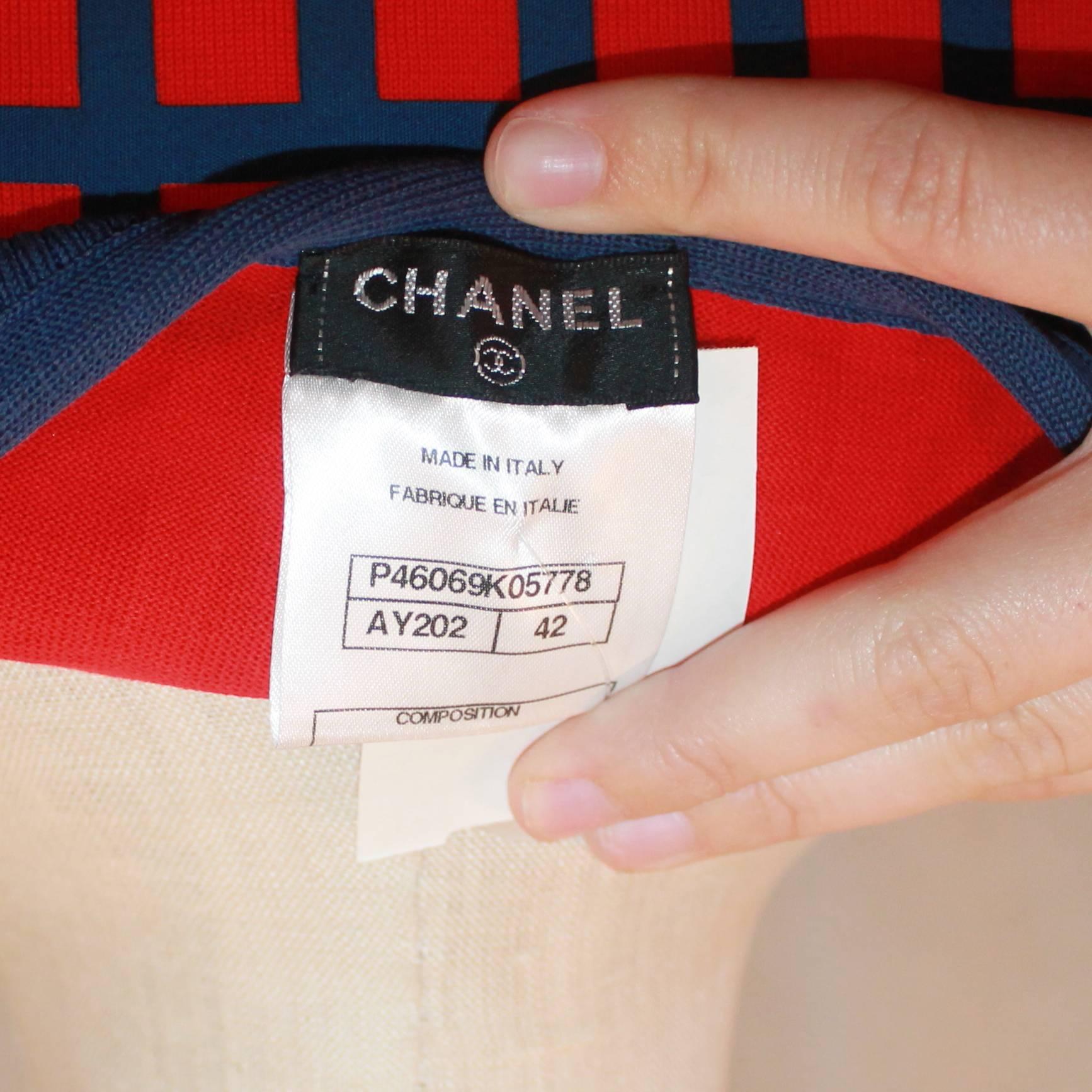 Chanel Red and Blue Windowpane Print Jacket w/ Pearl Buttons - 42 1