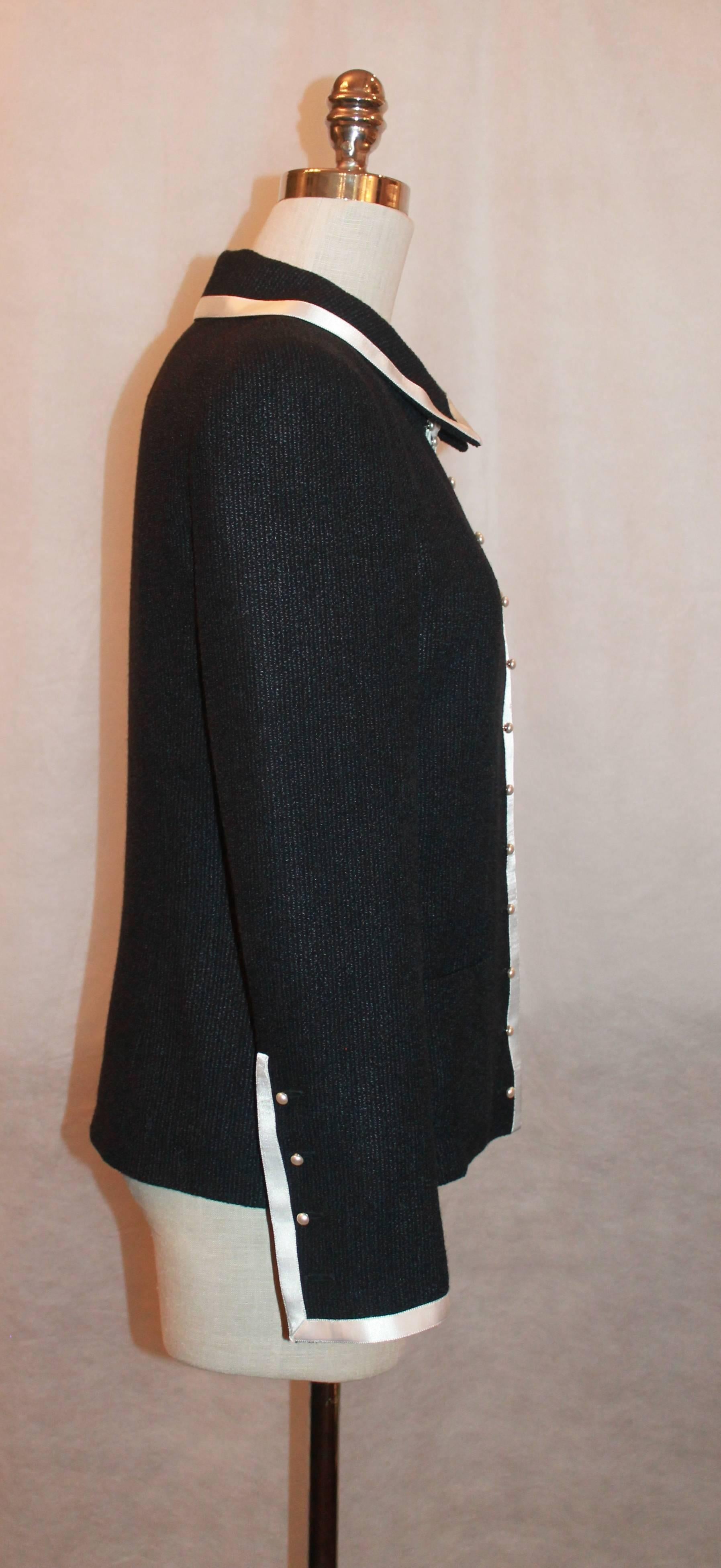 2004 Chanel Black 4-Pocket Jacket with White Ribbon Trim and Pearls - 40 1