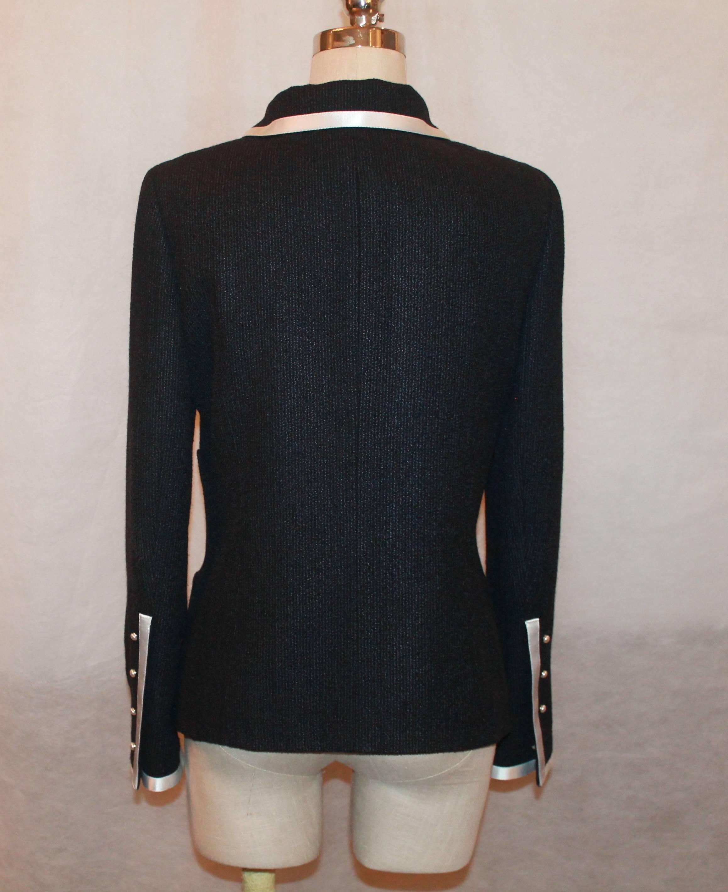 2004 Chanel Black 4-Pocket Jacket with White Ribbon Trim and Pearls - 40 2