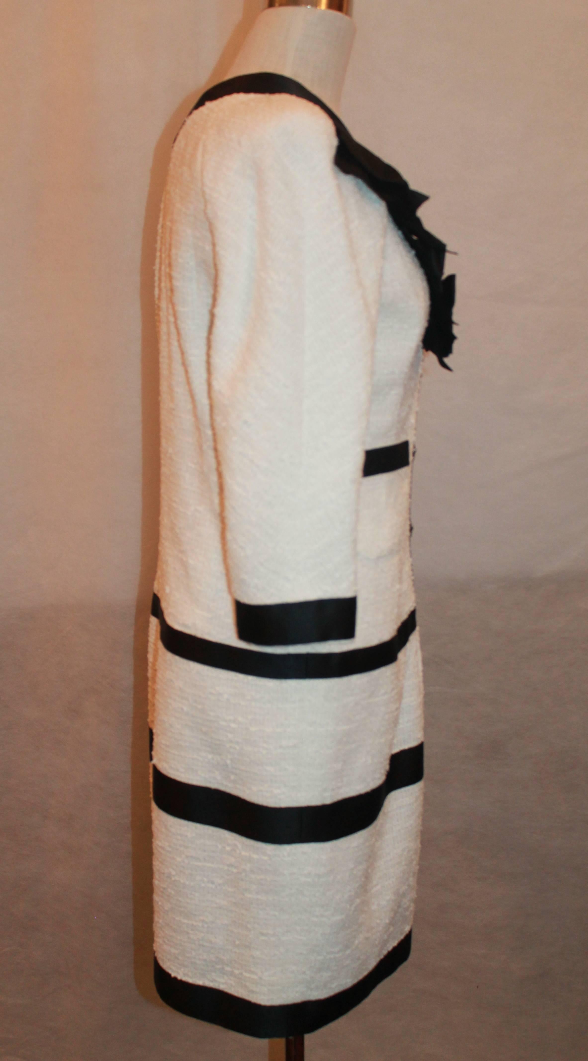 Gray 2009 Chanel Black and White Tweed  3/4 Sleeve Dress with Ribbon Trim - 40