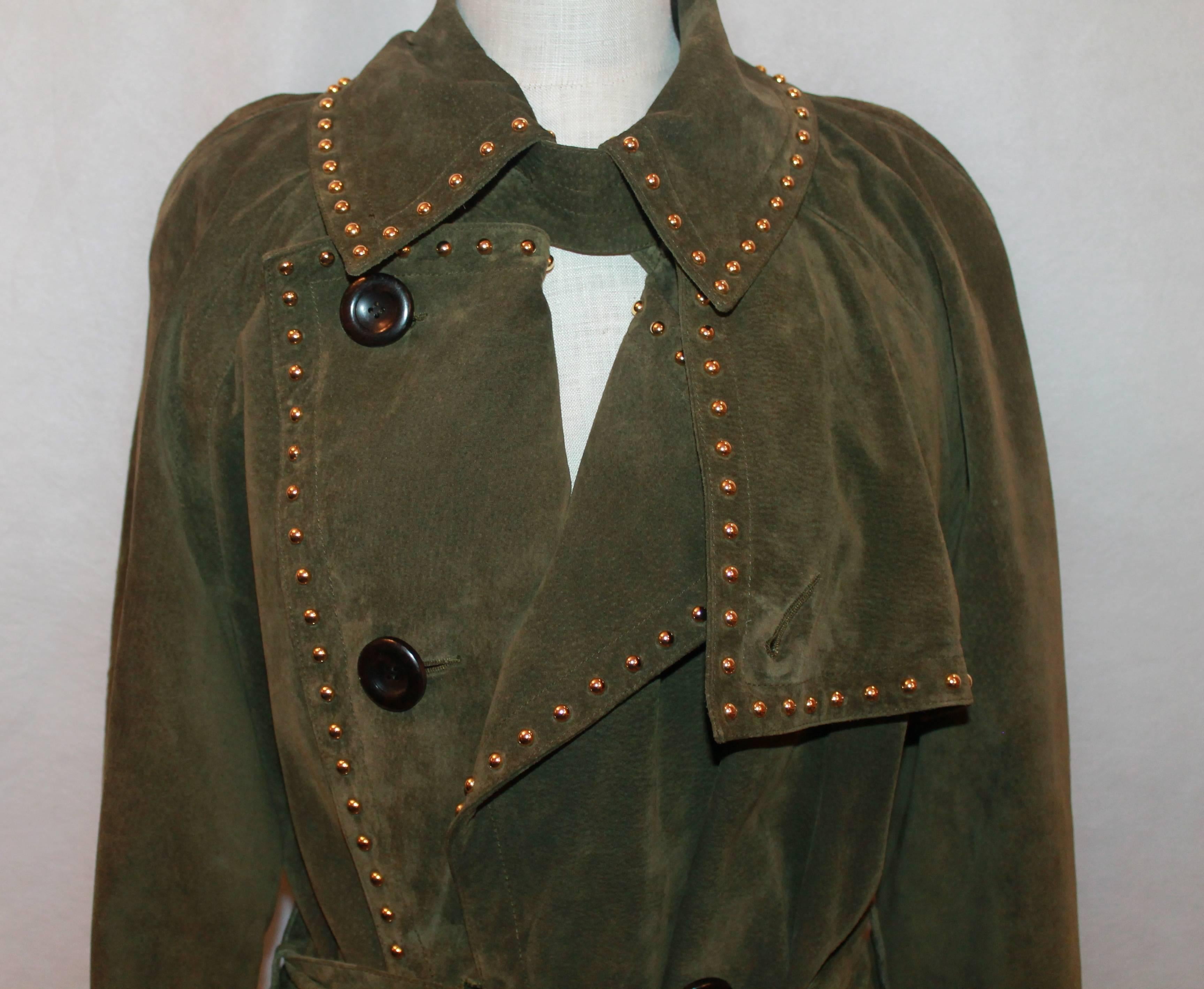 Women's 1990's Yves Saint Laurent Olive Suede Full Length Trench Coat with Belt - 38