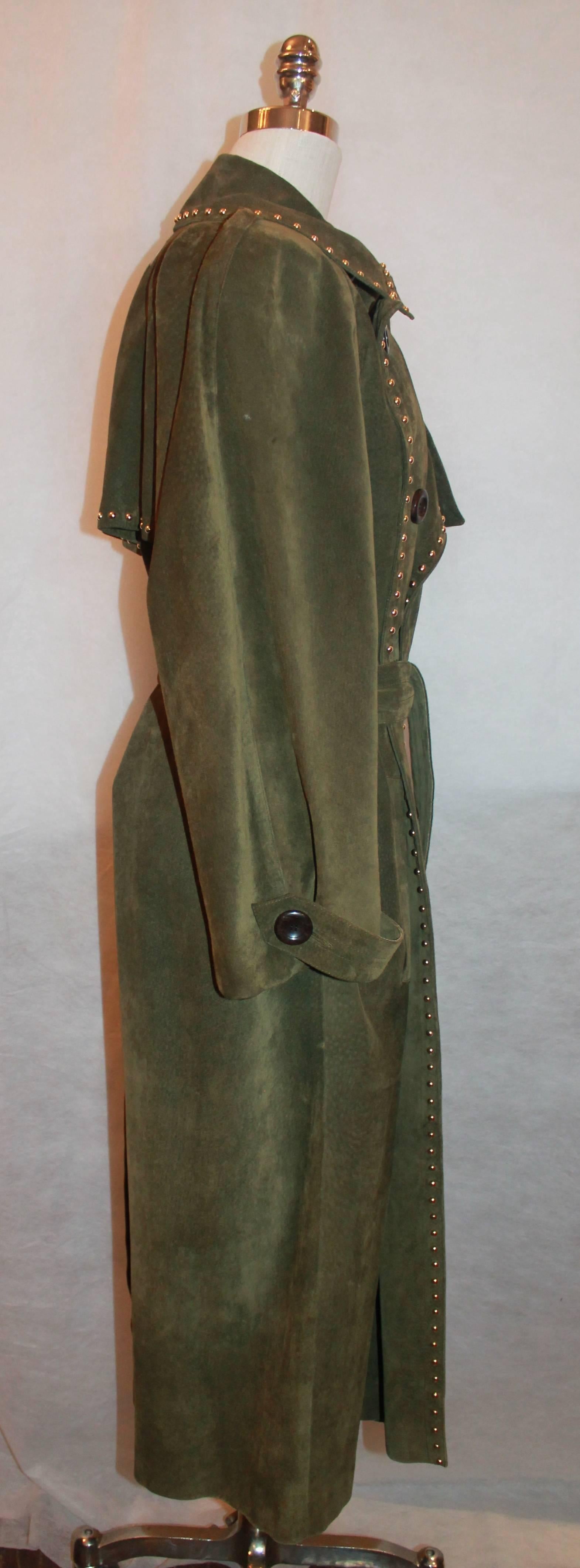 1990's Yves Saint Laurent Olive Suede Full Length Trench Coat with Belt - 38 This coat is vintage and is in excellent condition. It has 2 front pockets and satin  gold studded trim.

Measurements:
Bust: Up to 45