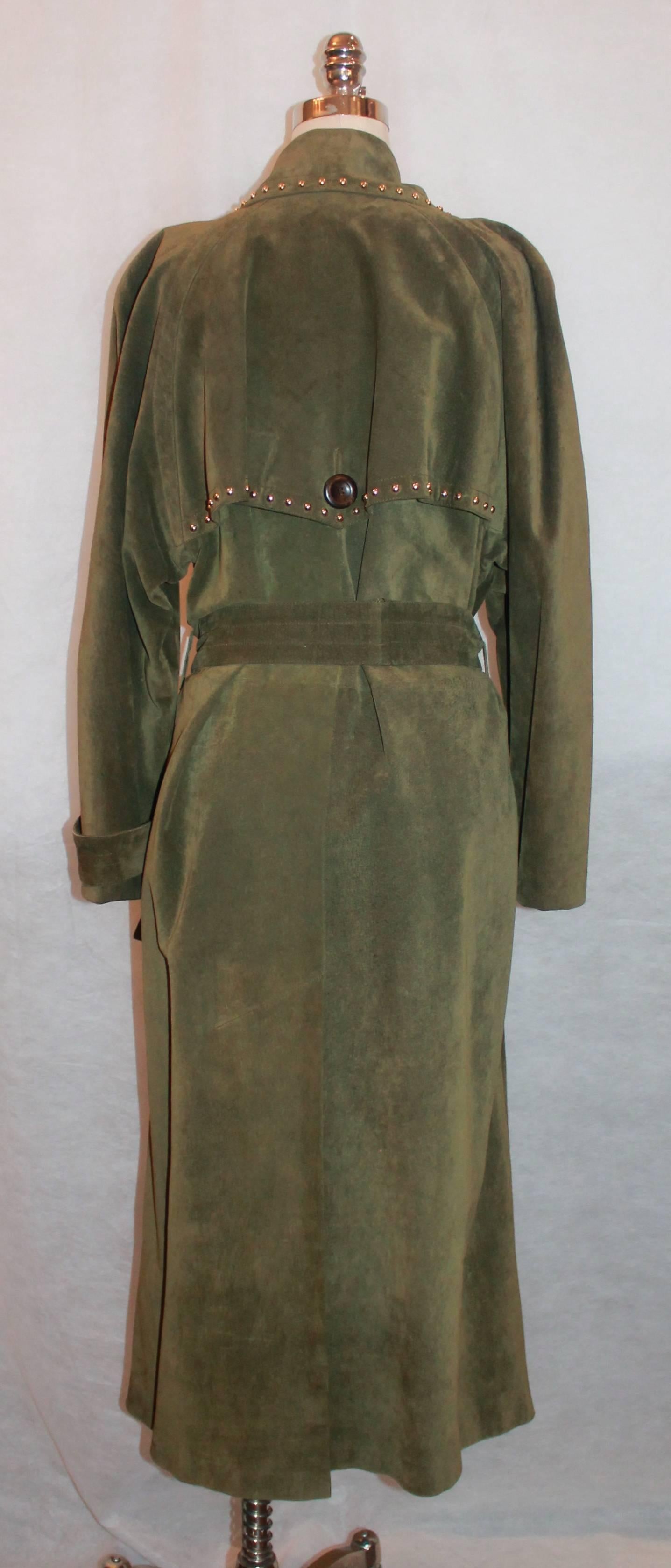 Black 1990's Yves Saint Laurent Olive Suede Full Length Trench Coat with Belt - 38