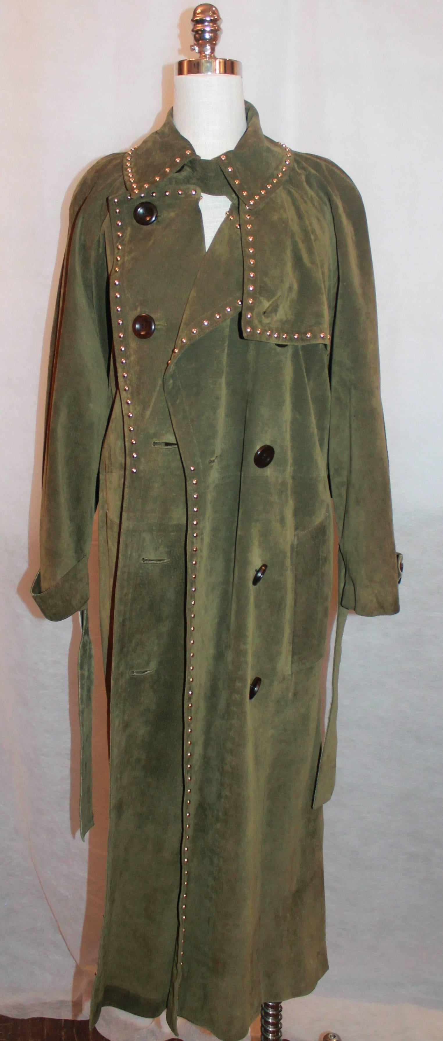 1990's Yves Saint Laurent Olive Suede Full Length Trench Coat with Belt - 38 In Excellent Condition In West Palm Beach, FL