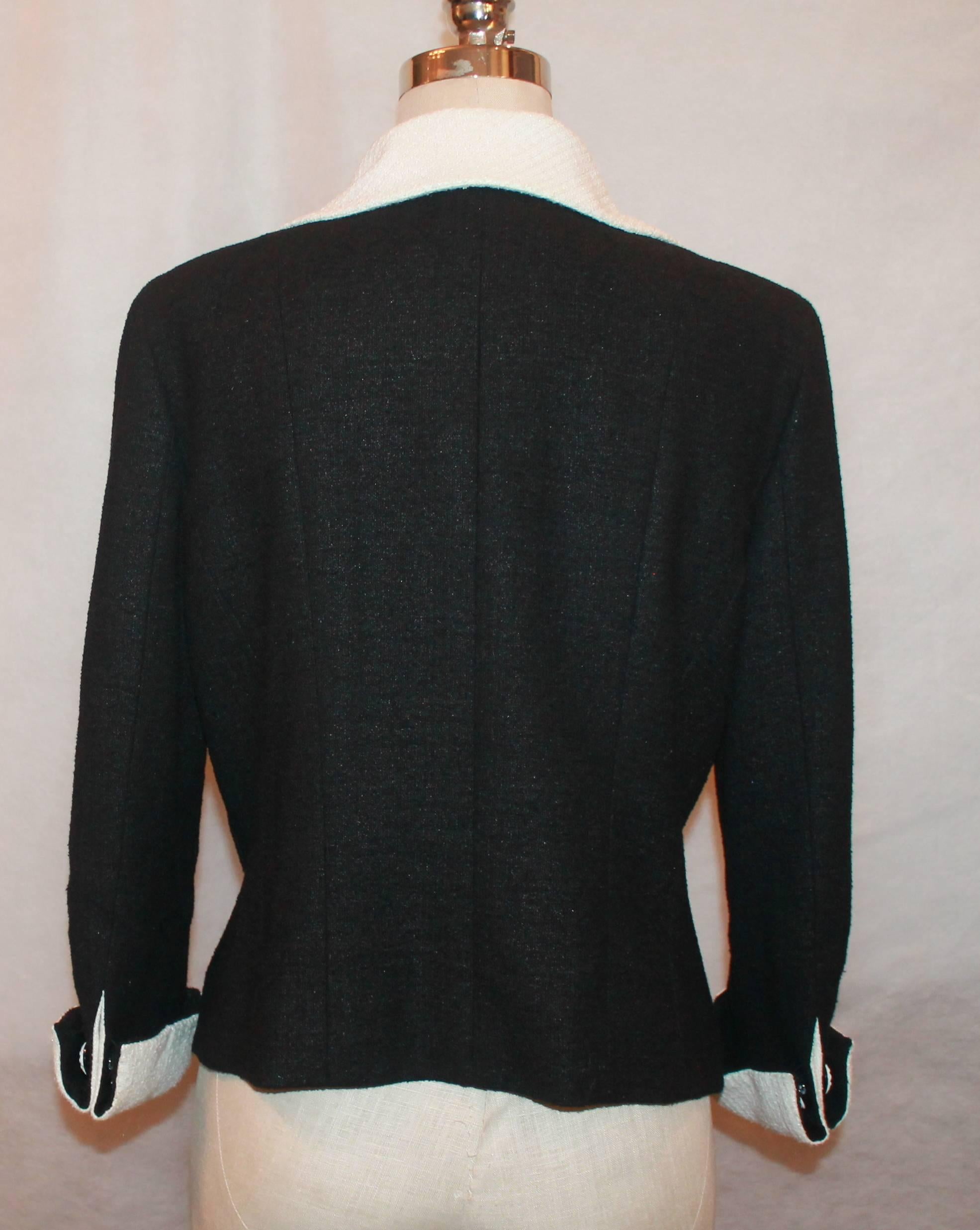 2009 Chanel Black Tweed Jacket w/ Ivory Collar and Cuff - 42 For Sale ...