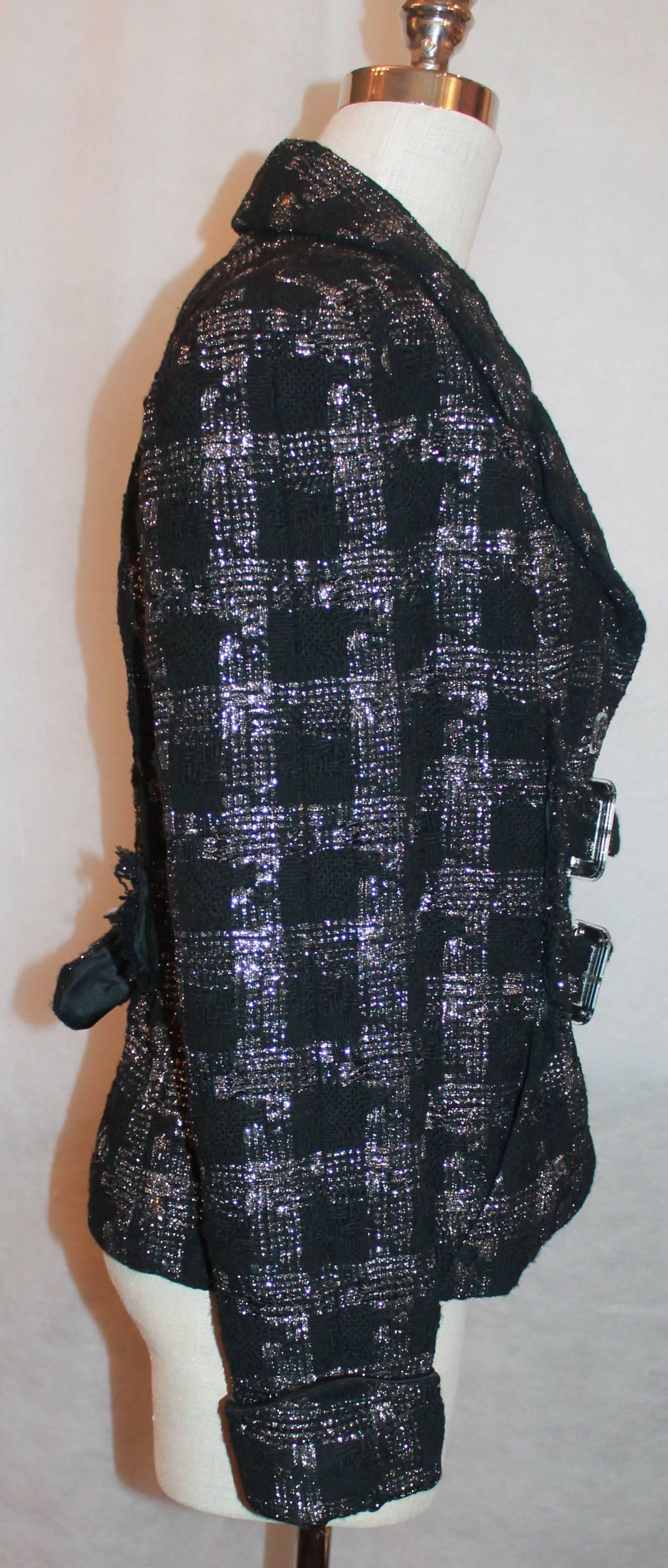Black Chanel Tweed Jacket with Two Front Pockets and Belts - 38