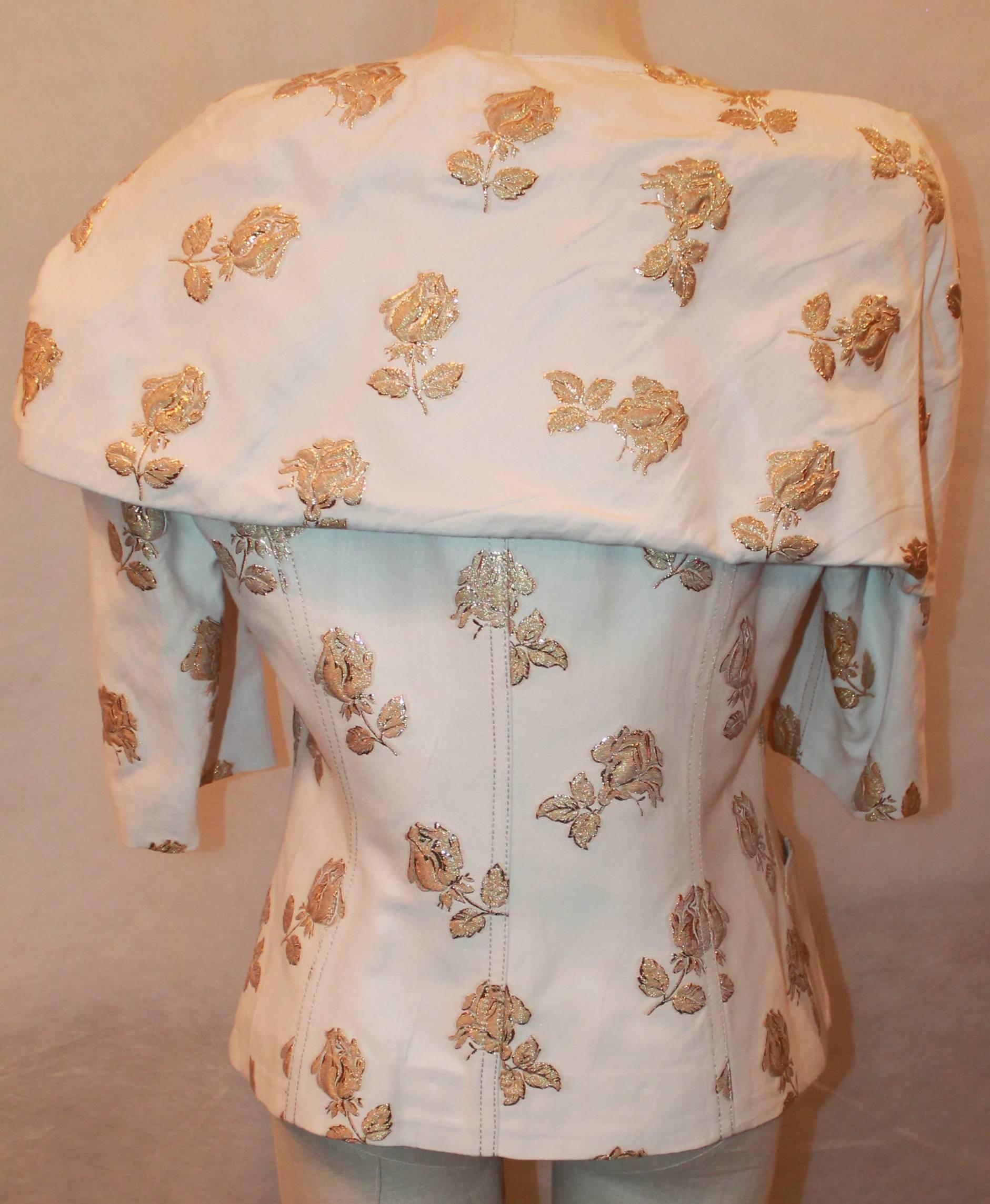 Chanel 3/4 Sleeve Ruched Portrait Collar Jacket w/ Floral Print - 44 - rt $8, 735 In Excellent Condition In West Palm Beach, FL