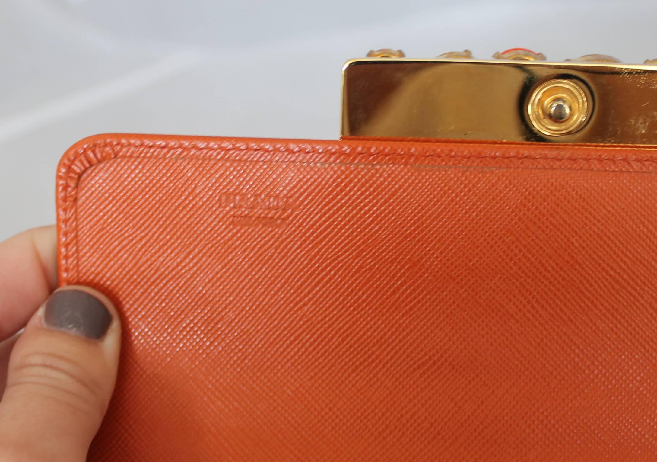 Brown Prada Orange Saffiano Wallet w/ Orange Stones & Rhinestones GHW