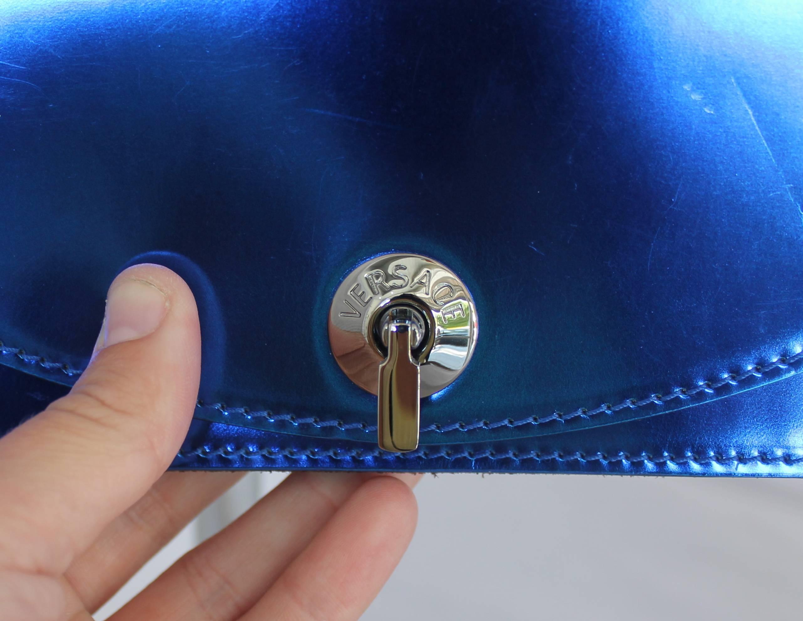Versace Electric Blue Fold-Over Bag with Paladium Chain Handle  In Good Condition In West Palm Beach, FL
