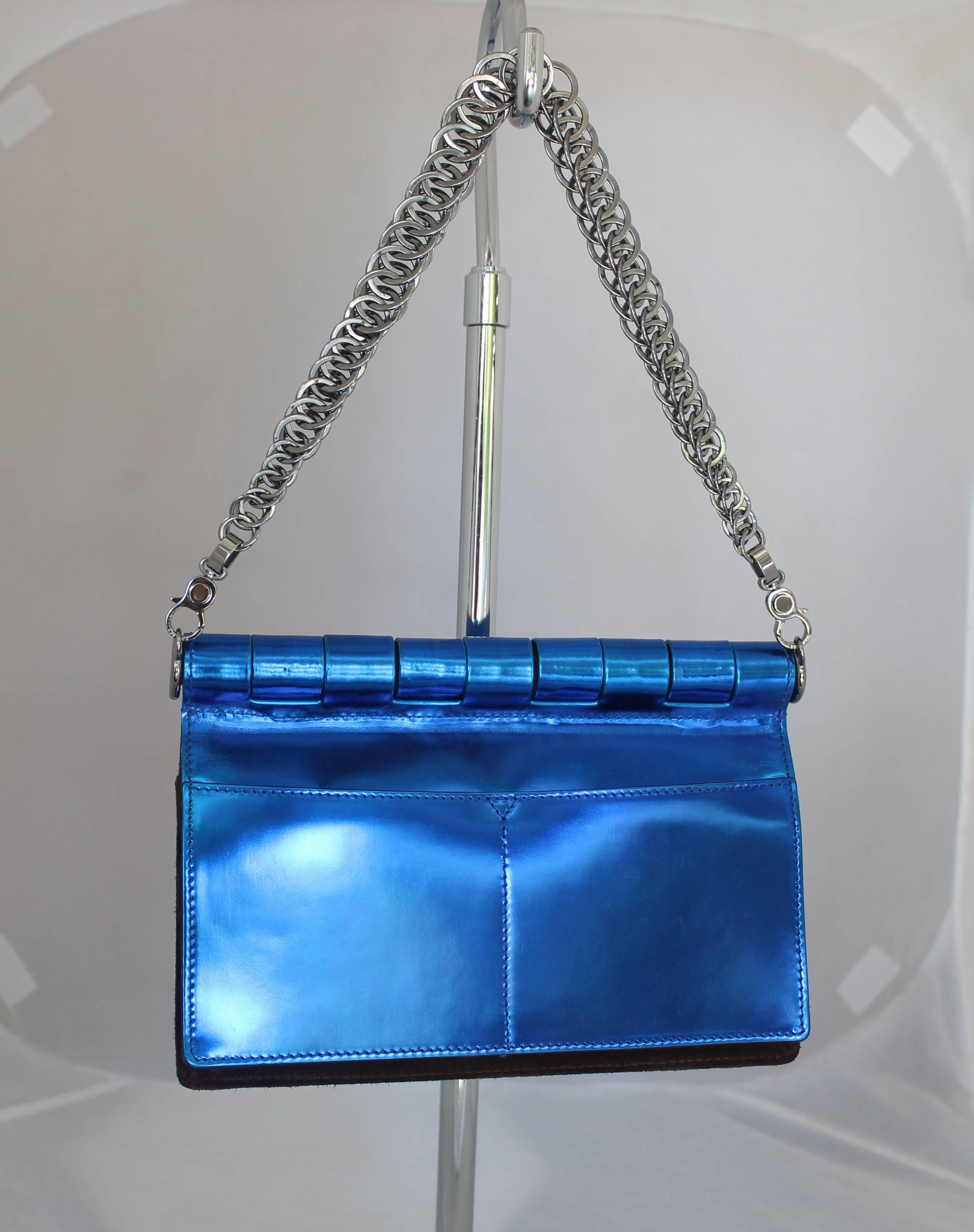 Women's Versace Electric Blue Fold-Over Bag with Paladium Chain Handle 