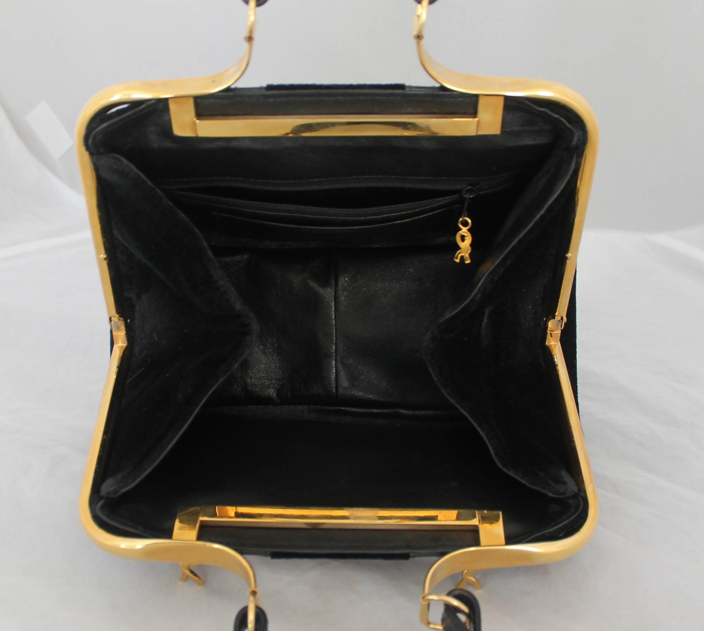 Women's Roberto Di Camerino Vintage Black Cut Velvet Bag w/ Leather Detail & Front Desig
