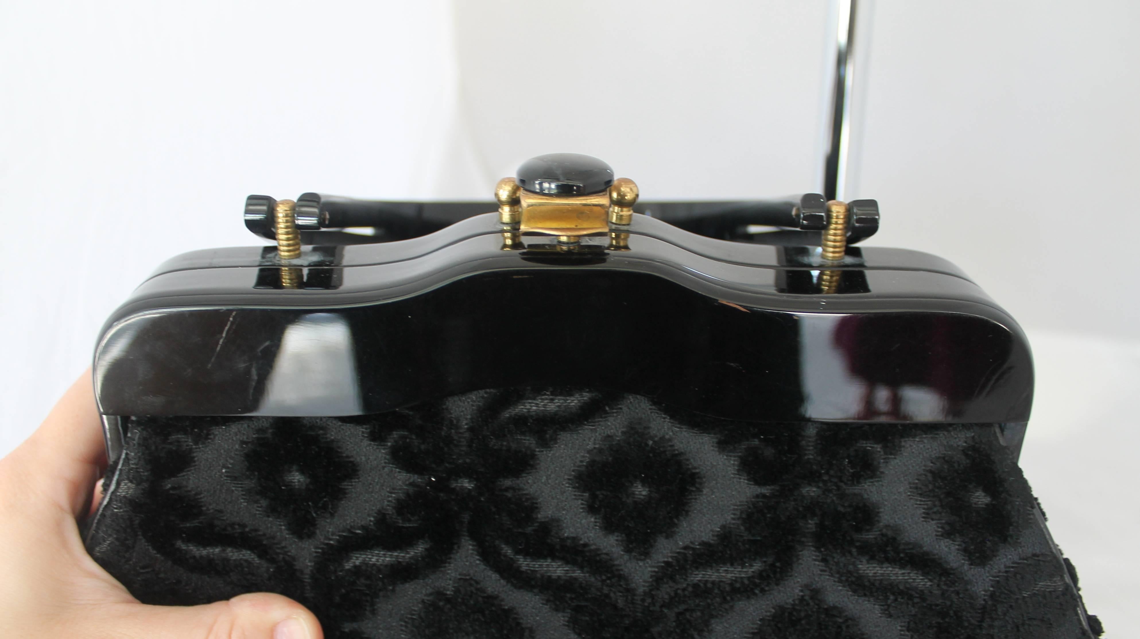 1950's Rialto NY Vintage Black Handbag w/ Cut Velvet Design & Lucite Handle 1