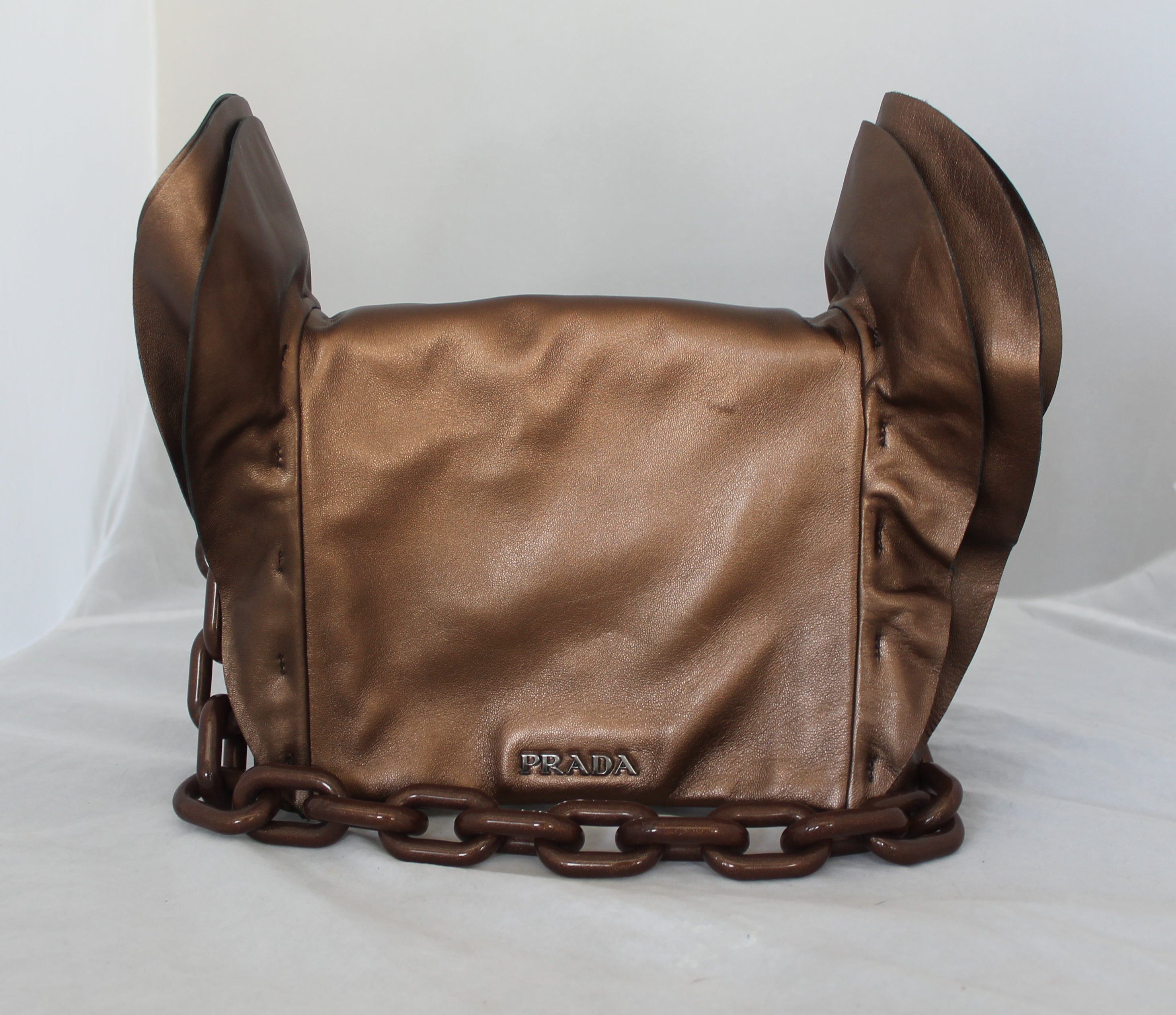 Prada Bronze Leather Handbag w/ Side Ruffles and Brown Glitter Enamel Link  Strap For Sale at 1stDibs | bronze handbag, bronze leather handbags, bronze  leather bag