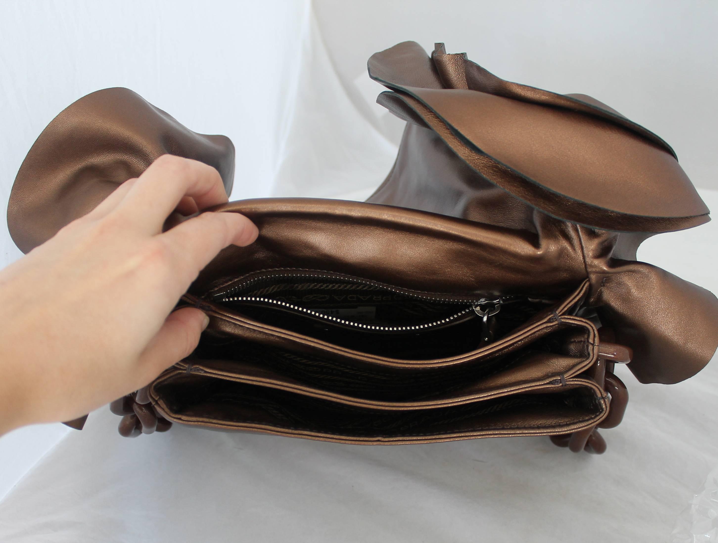 Women's Prada Bronze Leather Handbag w/ Side Ruffles & Brown Glitter Enamel Link Strap 