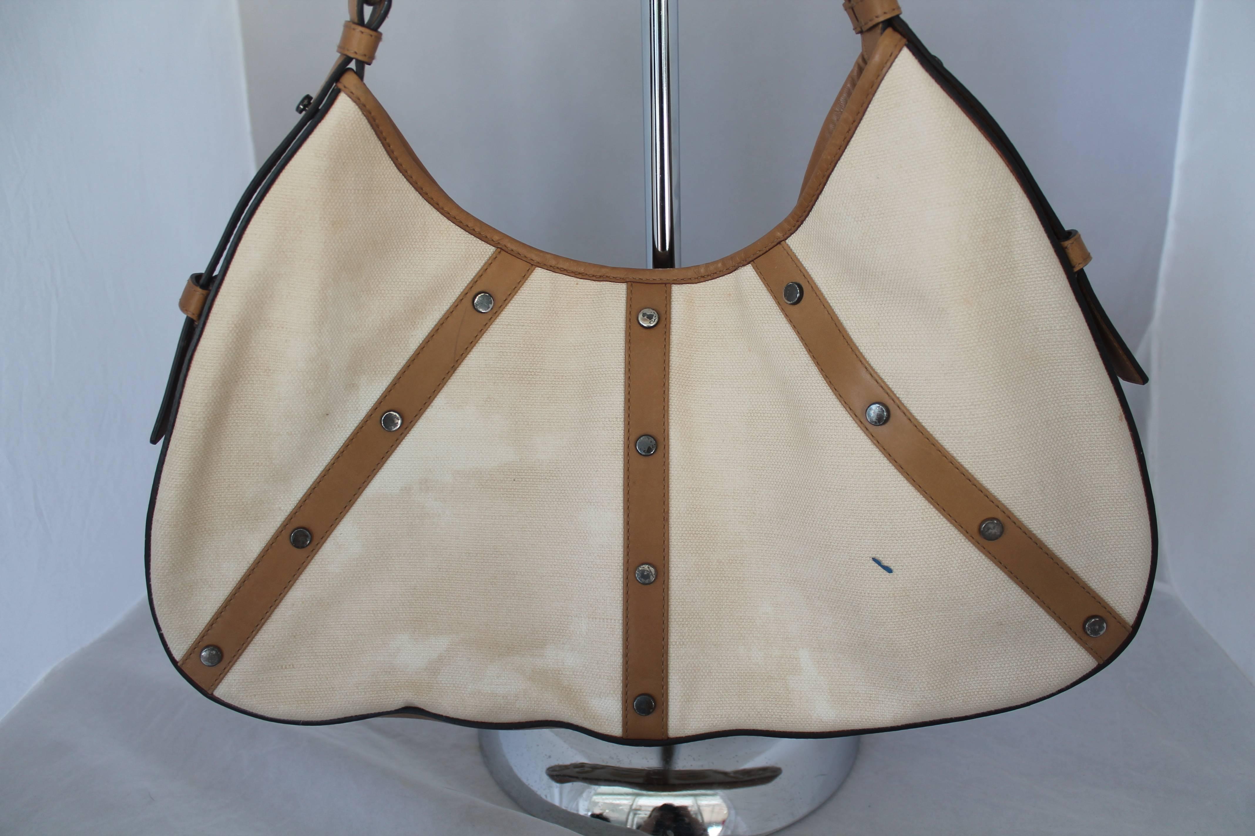 Brown Yves Saint Laurent Beige Canvas Shoulder Bag w/ Enamel & Silver Studs