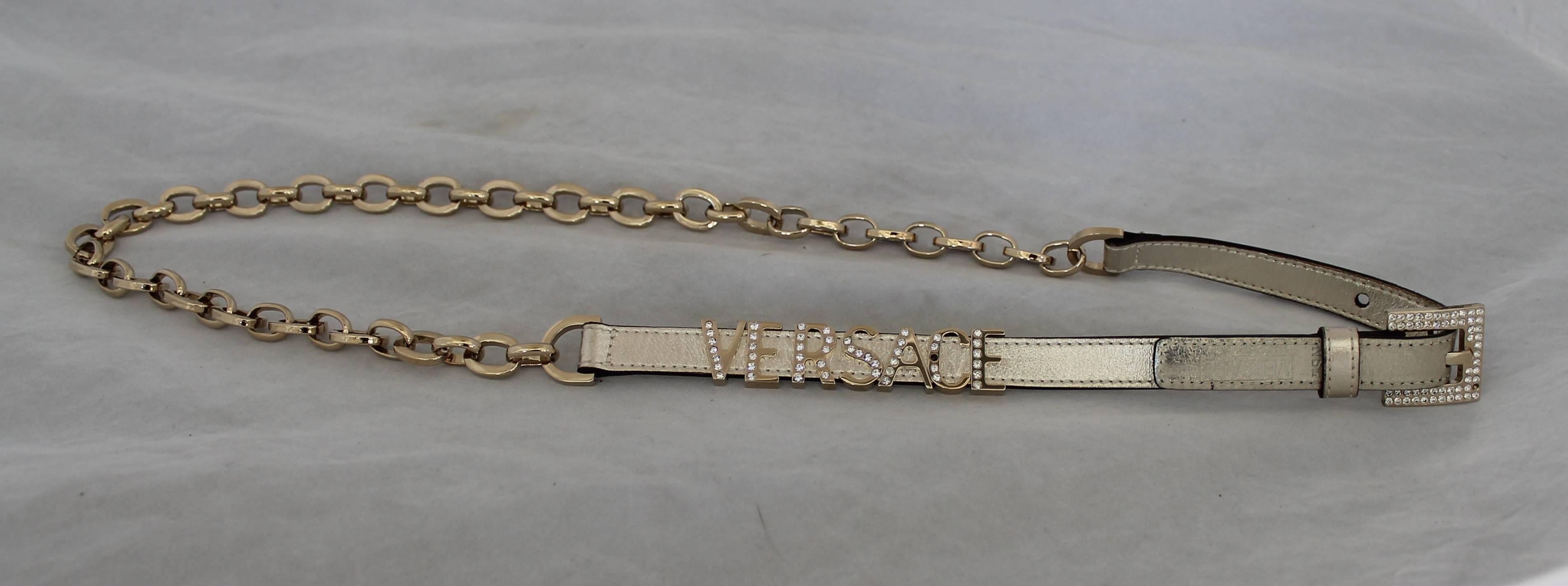 Versace Gold Leather & Chain Link Belt w/ Rhinestones Buckle & Logo  - 36 In Good Condition In West Palm Beach, FL