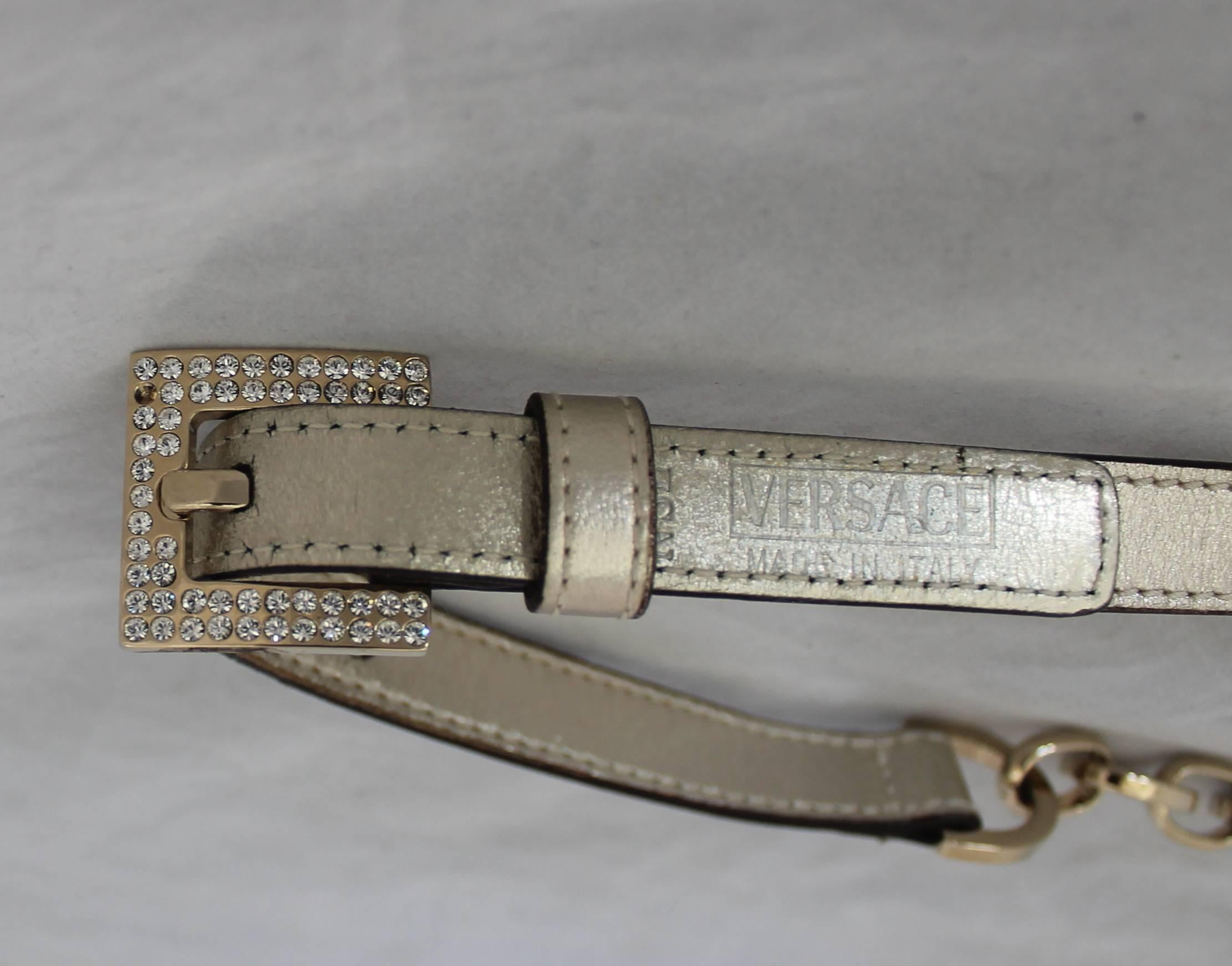 Women's Versace Gold Leather & Chain Link Belt w/ Rhinestones Buckle & Logo  - 36