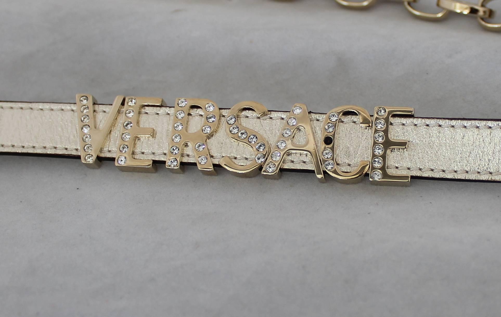 Versace Gold Leather & Chain Link Belt w/ Rhinestones Buckle & Logo  - 36 1