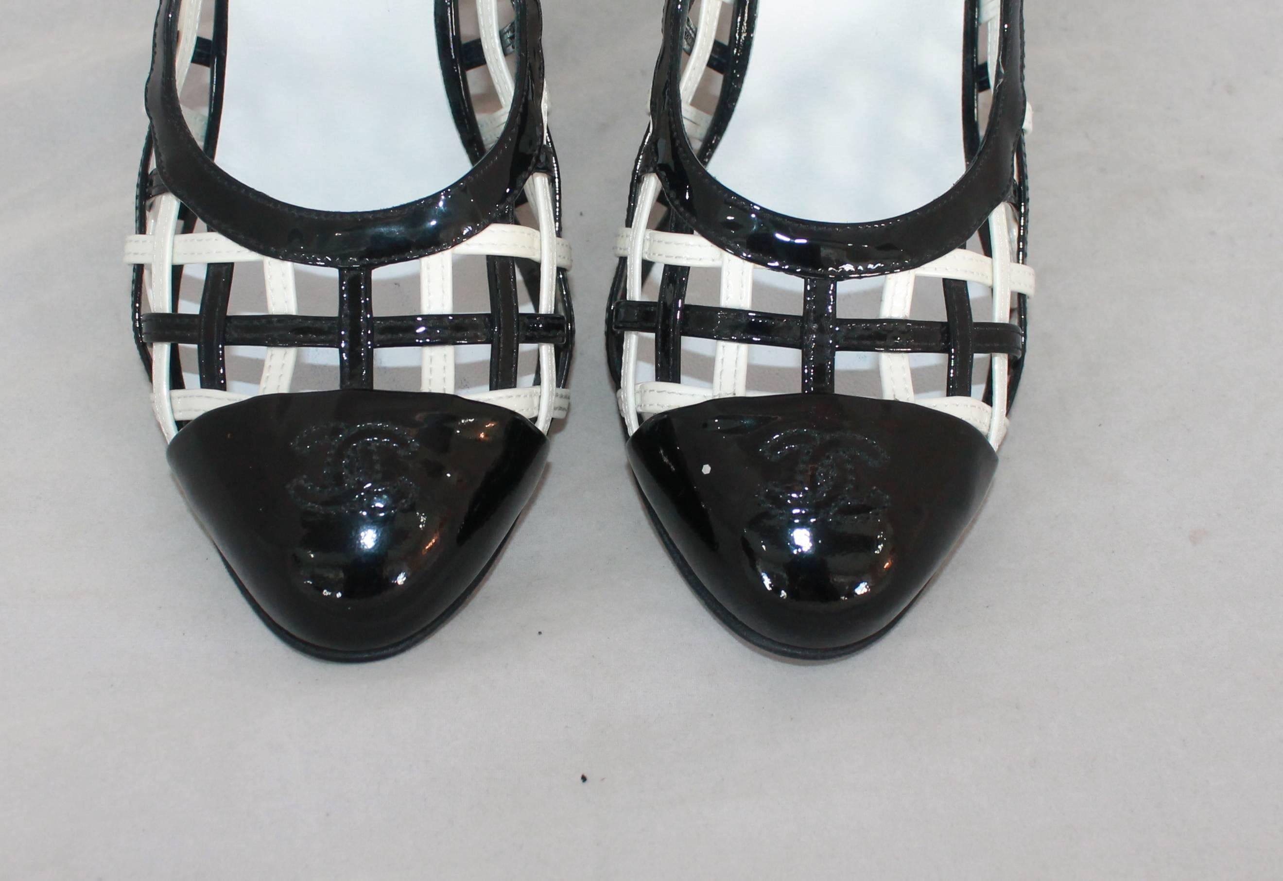 Women's Chanel Black & White Patent Crisscross Pumps w/ Black Toe - 40.5