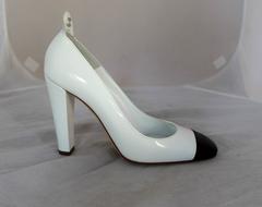 Chanel White Patent Pumps w/ Black Toe & Thick Heel - 40