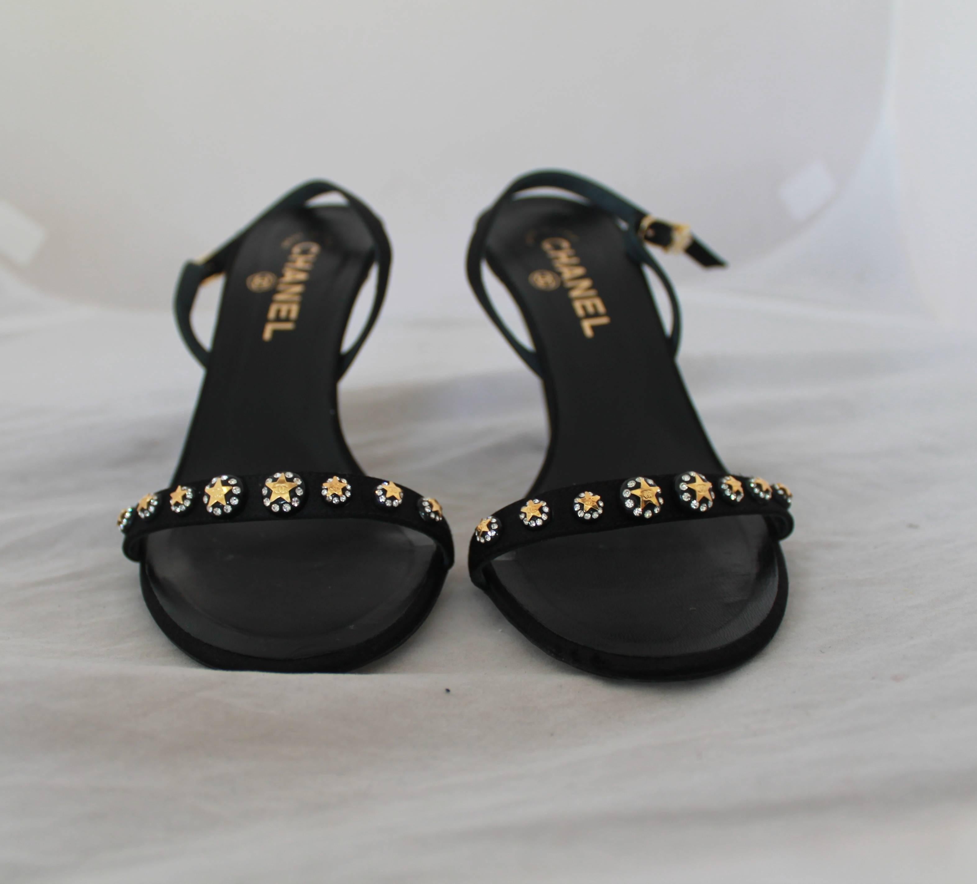Chanel Black Satin Open-Toe Strappy Sandal Sling Back w/ 