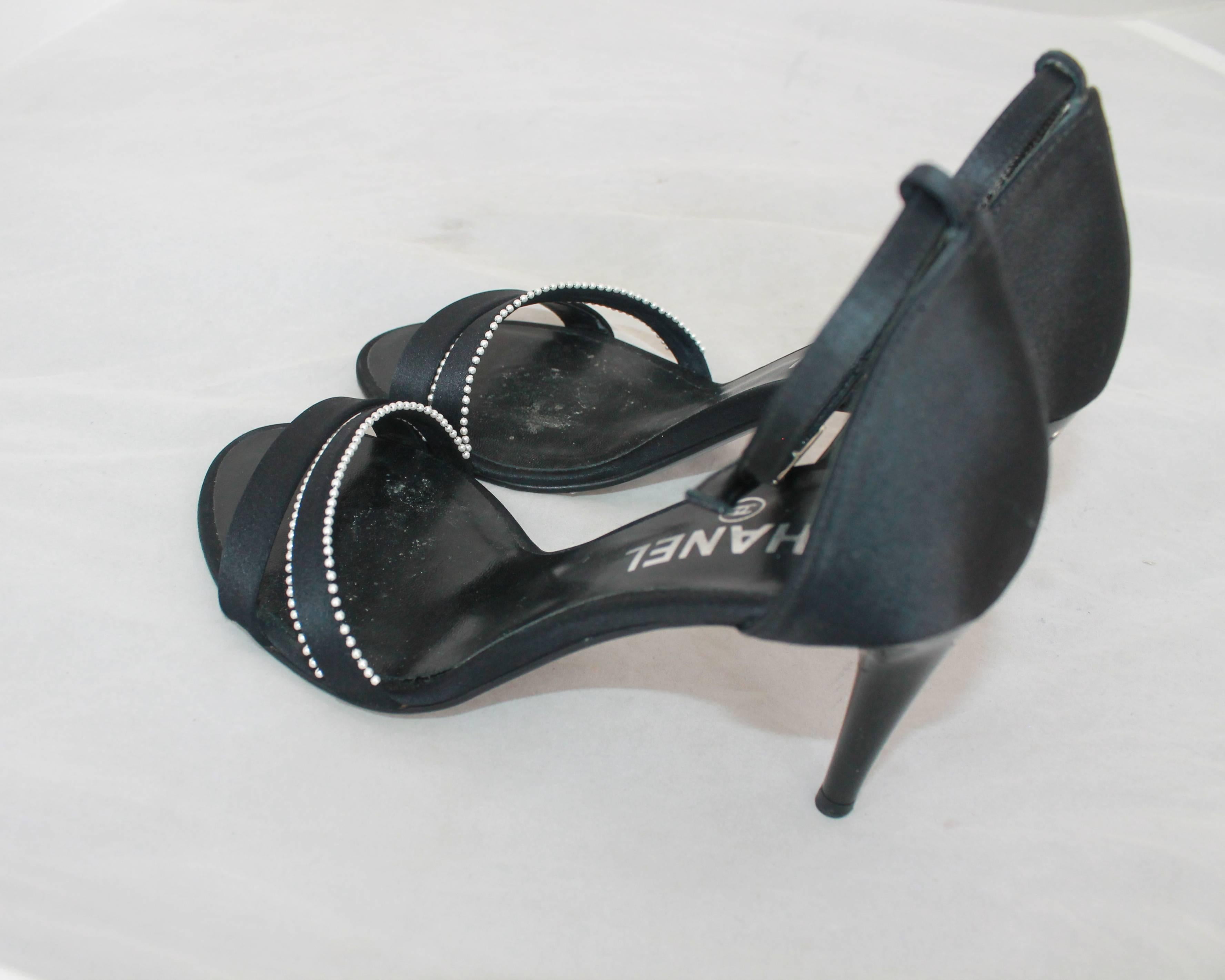 Men's Chanel Black Satin Double Front Strap Heels w/ Ankle Strap & Mini Pearl Trim- 37