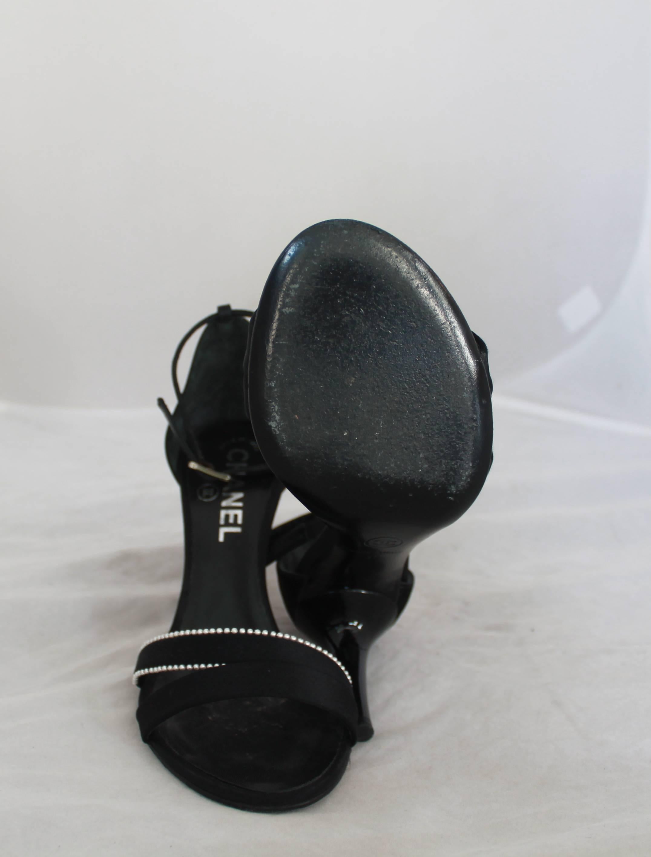 Chanel Black Satin Double Front Strap Heels w/ Ankle Strap & Mini Pearl Trim- 37 1