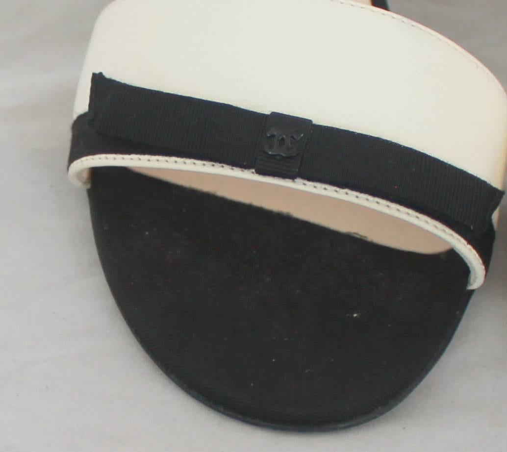 Gray Chanel Ivory Lambskin Double Strap Heels w/ Black Ribbon Trim - 40