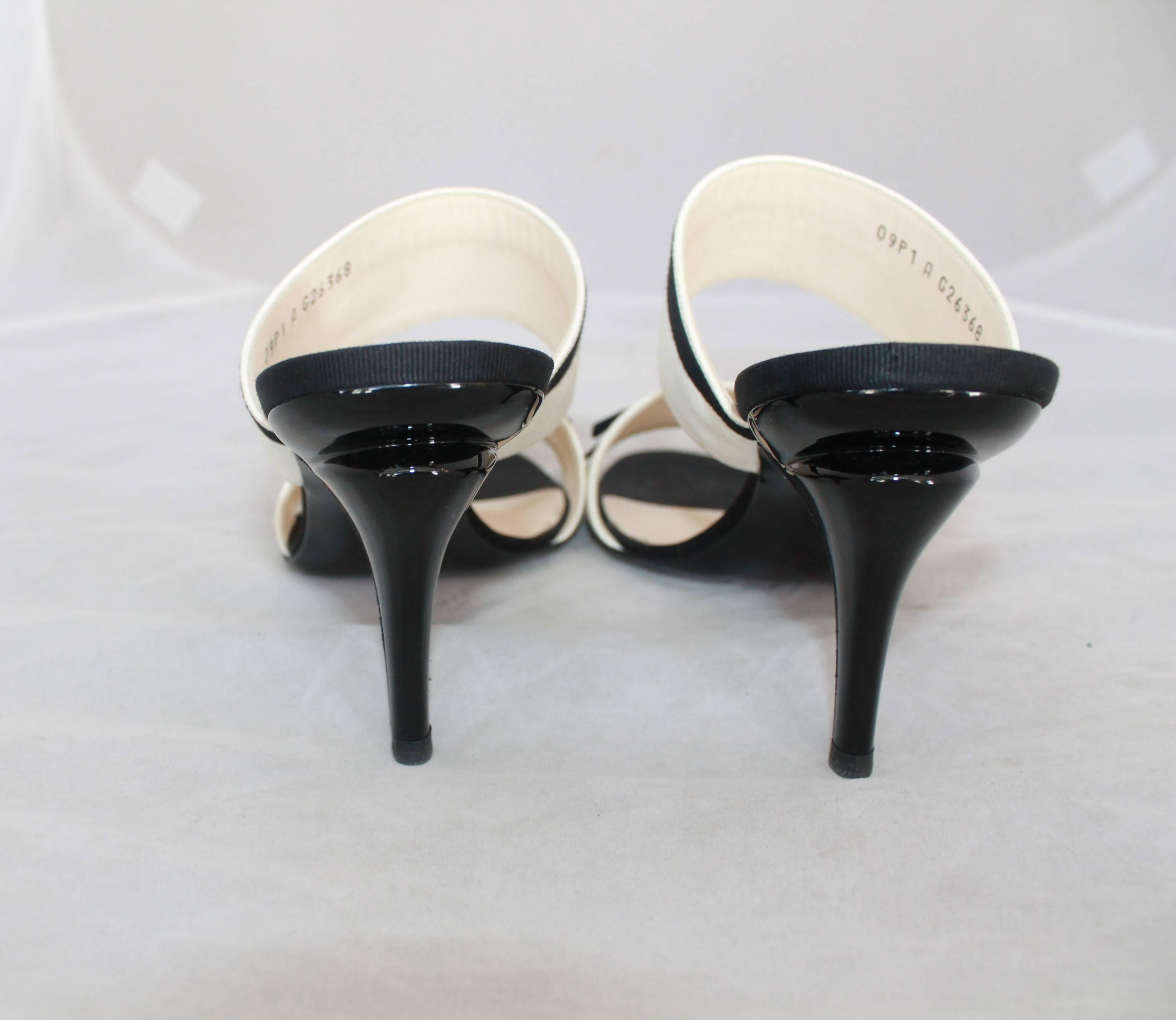 Women's Chanel Ivory Lambskin Double Strap Heels w/ Black Ribbon Trim - 40
