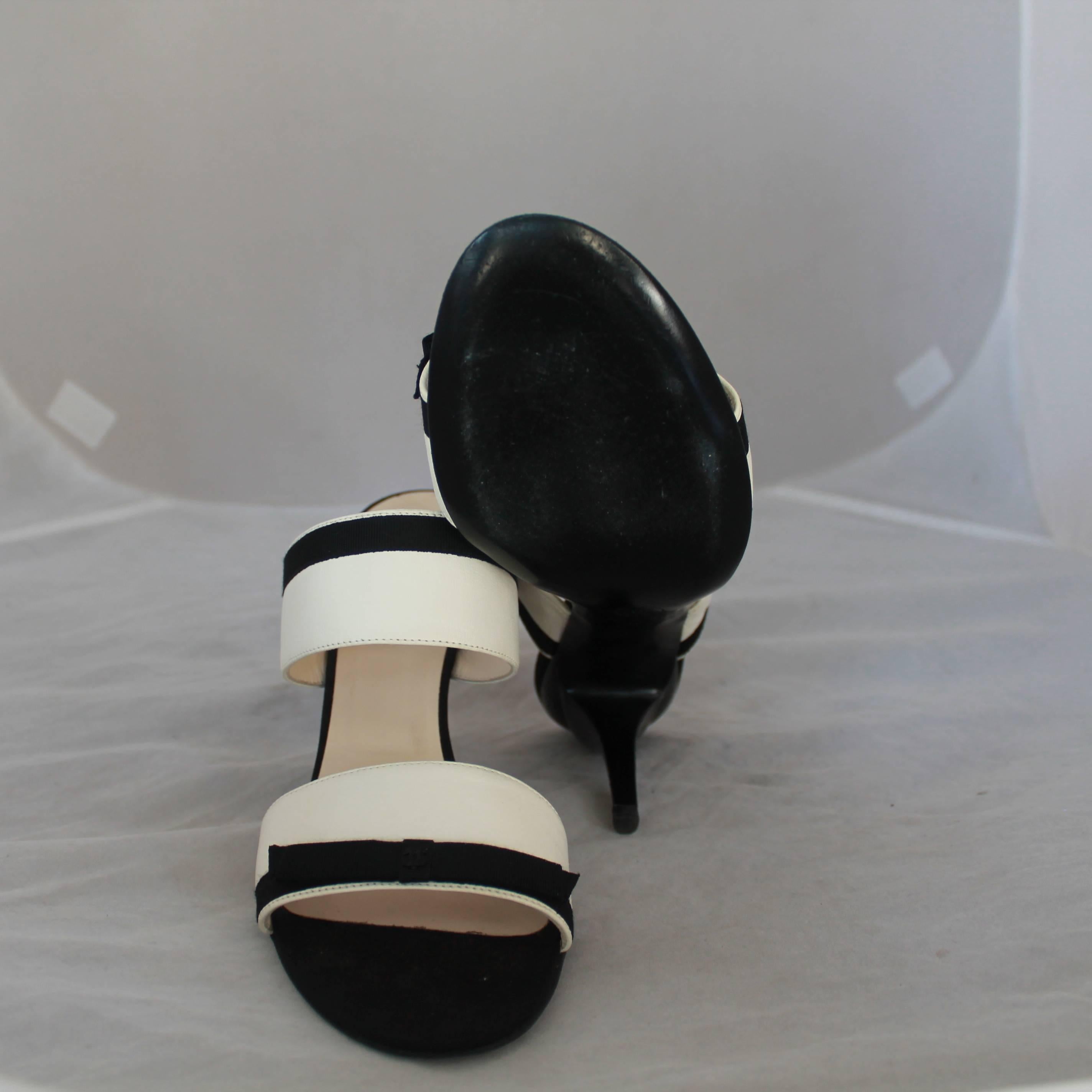 Chanel Ivory Lambskin Double Strap Heels w/ Black Ribbon Trim - 40 1