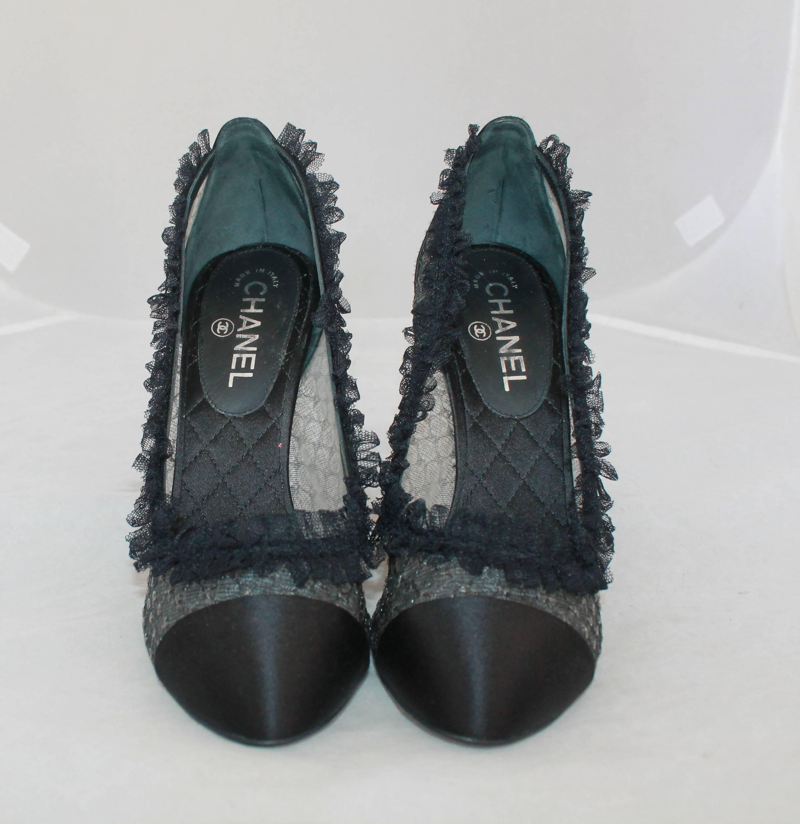 Chanel Black Sheer Lace & Satin Pump w/ Ruffle Lace Trim - 40.  These stunning pumps have an intricate lace design with gorgeous ruffle lace trim and satin on the toes and heels.  They have a studded 