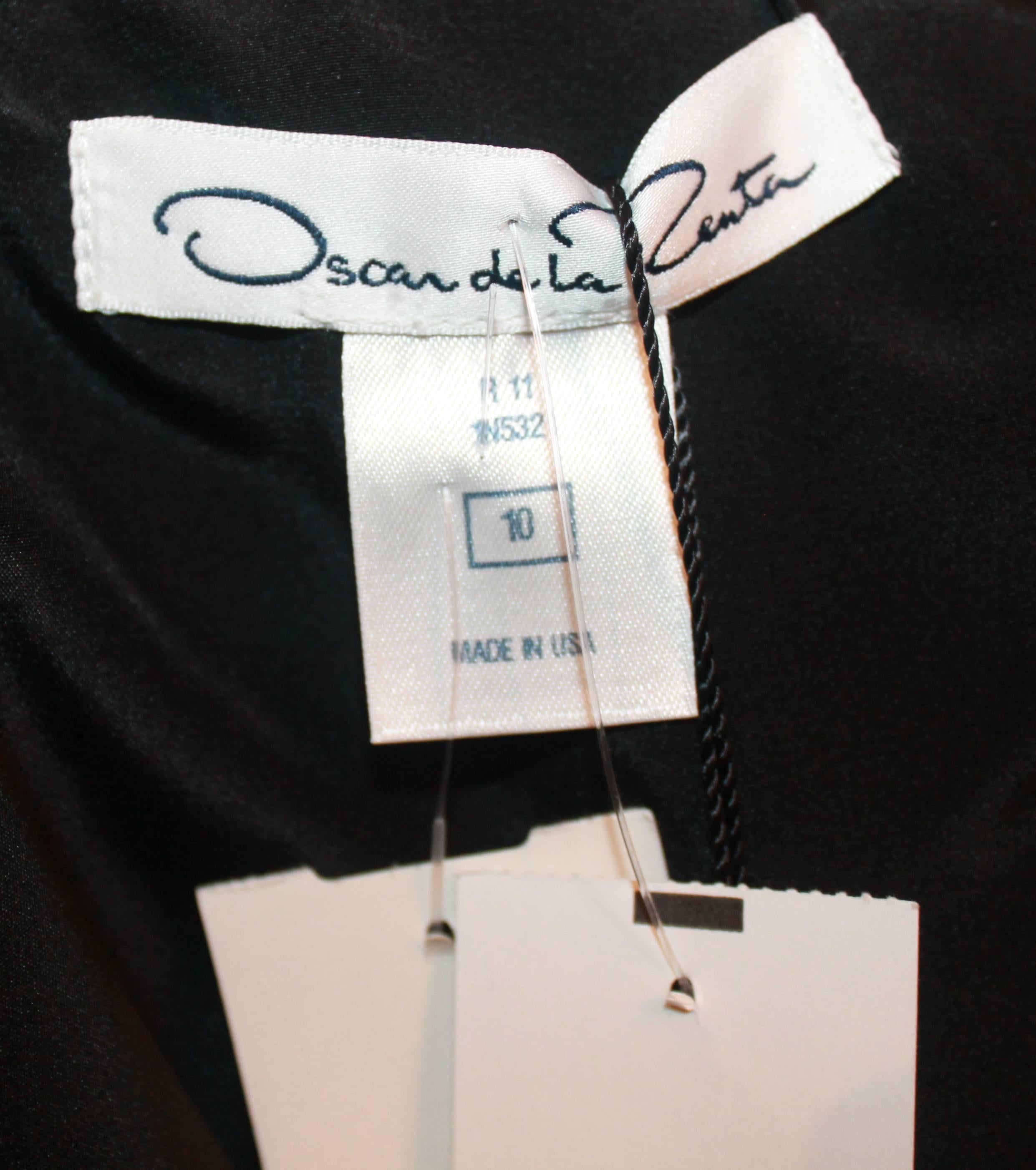 Oscar De La Renta Chaqueta de piel negra con volante y detalle de flores - 10 en venta 3