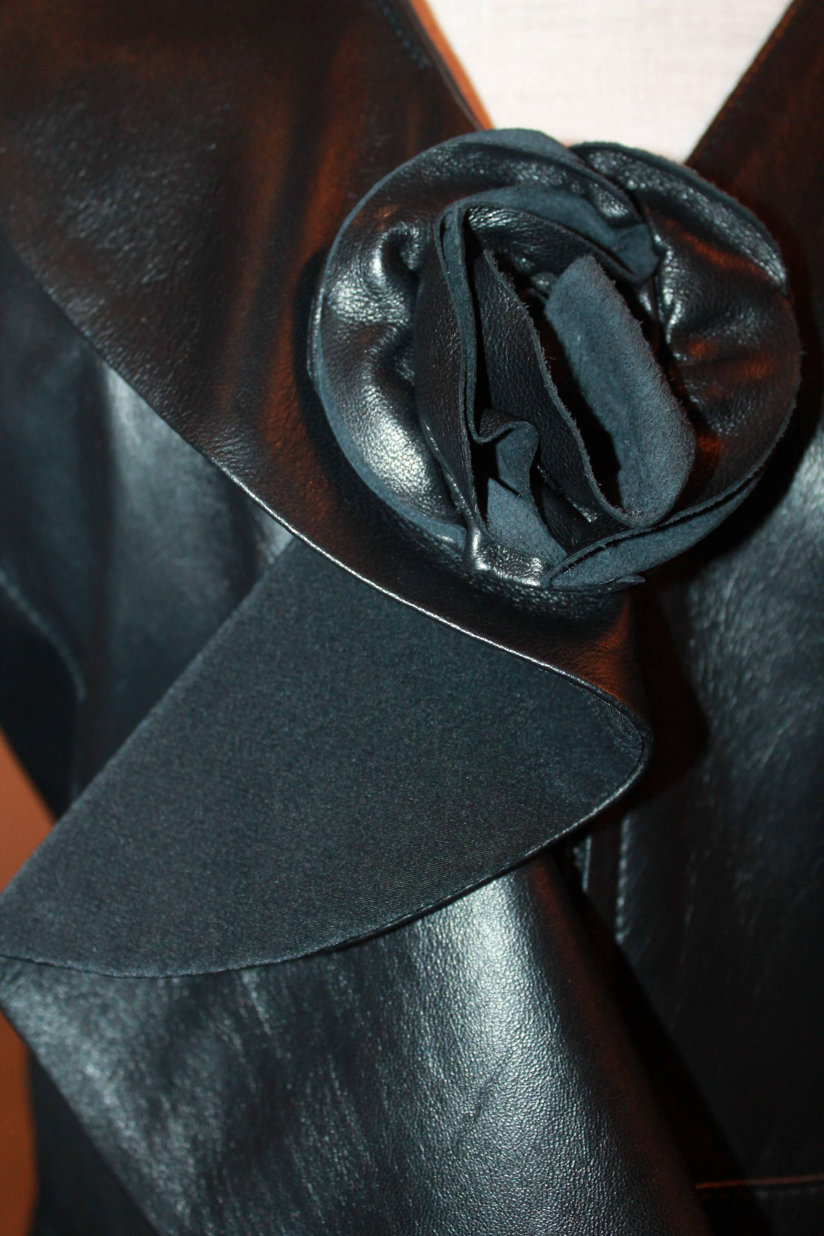 Oscar De La Renta Black Leather Jacket w/ Ruffle and Flower Detail - 10 In New Condition For Sale In West Palm Beach, FL