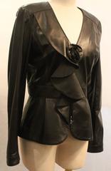 Oscar De La Renta Black Leather Jacket w/ Ruffle and Flower Detail - 10