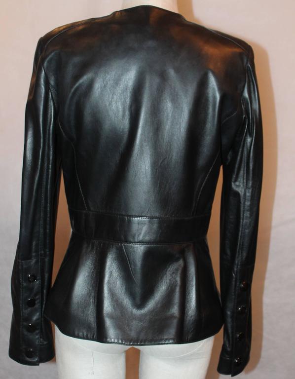 Oscar De La Renta Black Leather Jacket w/ Ruffle and Flower Detail - 10 ...