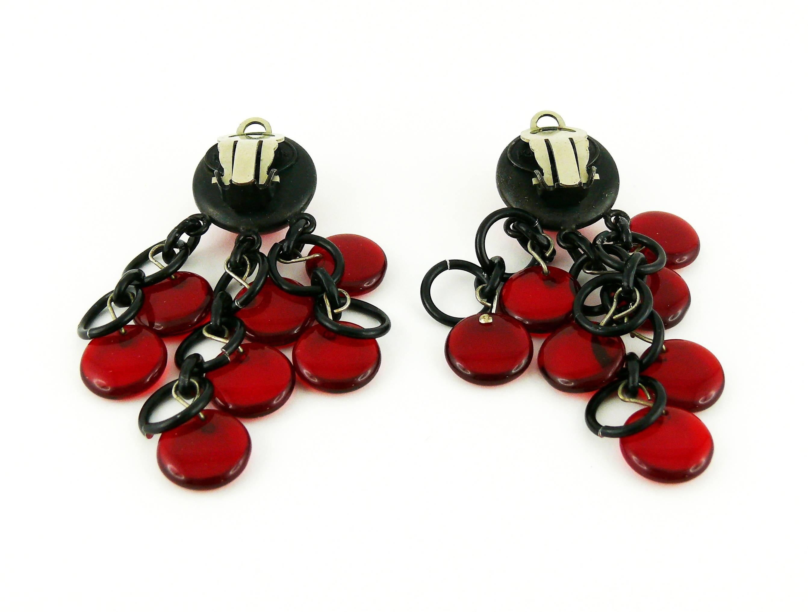 Women's Paco Rabanne Vintage Red Glass and Metal Dangling Earrings